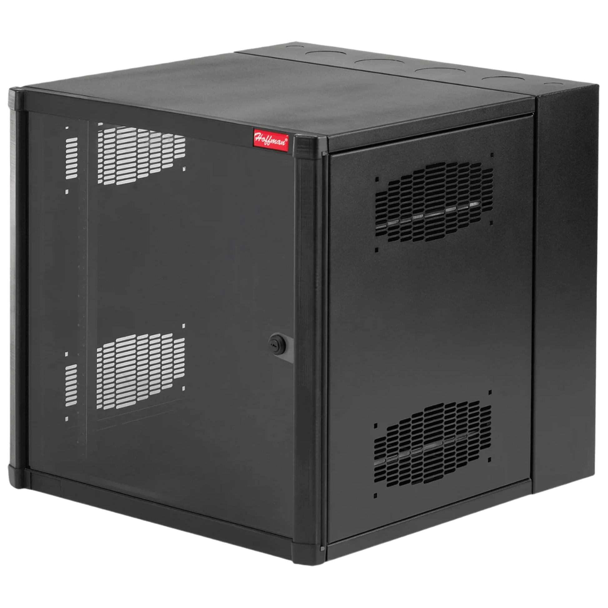 GABINETE ACCESSPLUS DE MONTAJE EN PARED DE 19IN, RIELES NUMERADOS Y ROSCADOS #10-32, PUERTA CON VENTANA DE SEGURIDAD, 600 MM DE ANCHO, 762 MM DE PROFUNDIDAD, 12 UR, COLOR NEGRO-Racks y Gabinetes-HOFFMAN-Bsai Seguridad & Controles