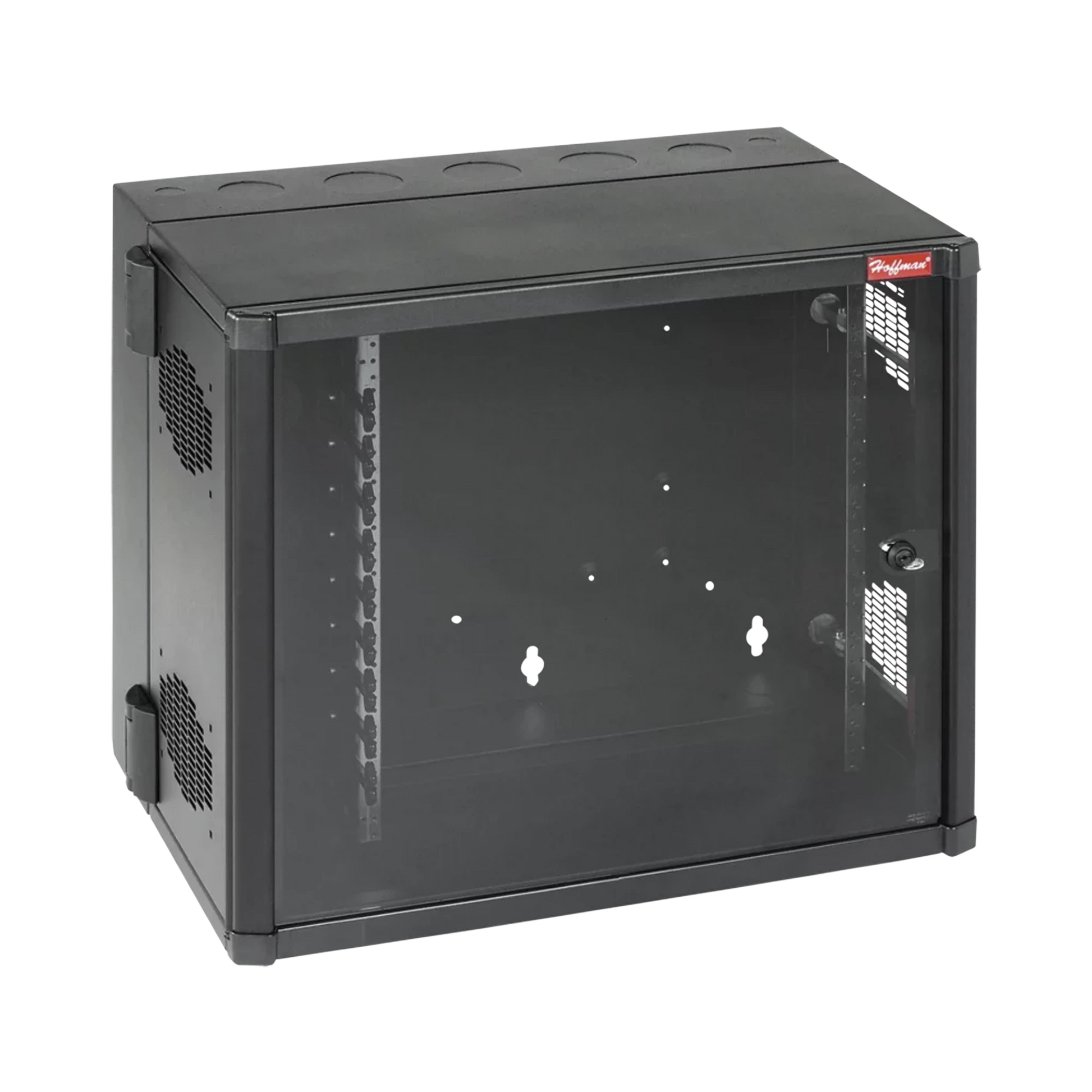 GABINETE ACCESSPLUS DE MONTAJE EN PARED DE 19IN, RIELES NUMERADOS Y ROSCADOS #10-32, PUERTA CON VENTANA DE SEGURIDAD, 700 MM DE ANCHO, 637 MM DE PROFUNDIDAD, 12 UR, COLOR NEGRO-Racks y Gabinetes-HOFFMAN-Bsai Seguridad & Controles