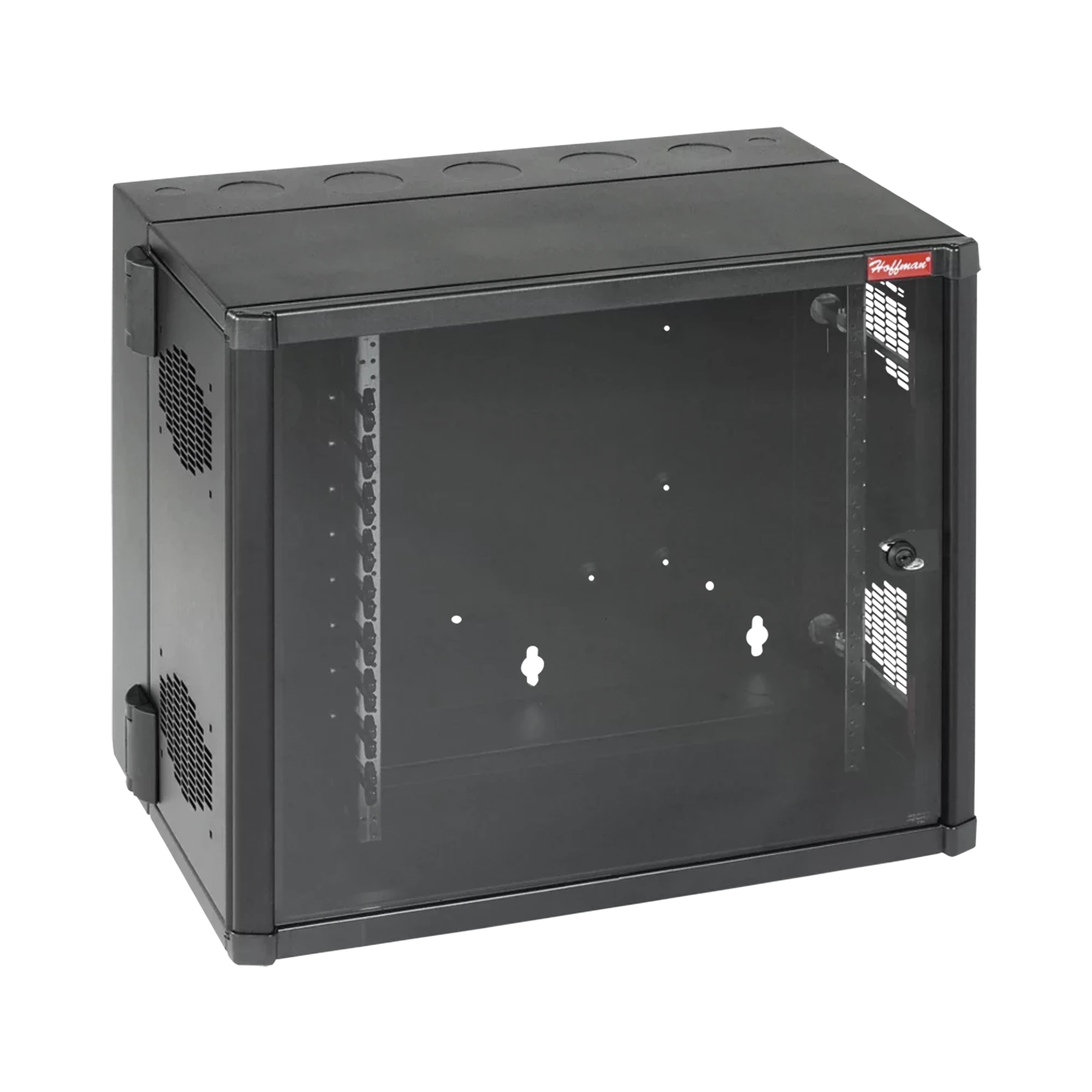 GABINETE ACCESSPLUS DE MONTAJE EN PARED DE 19IN, RIELES NUMERADOS Y ROSCADOS #10-32, PUERTA CON VENTANA DE SEGURIDAD, 700 MM DE ANCHO, 637 MM DE PROFUNDIDAD, 12 UR, COLOR NEGRO-Racks y Gabinetes-HOFFMAN-Bsai Seguridad & Controles