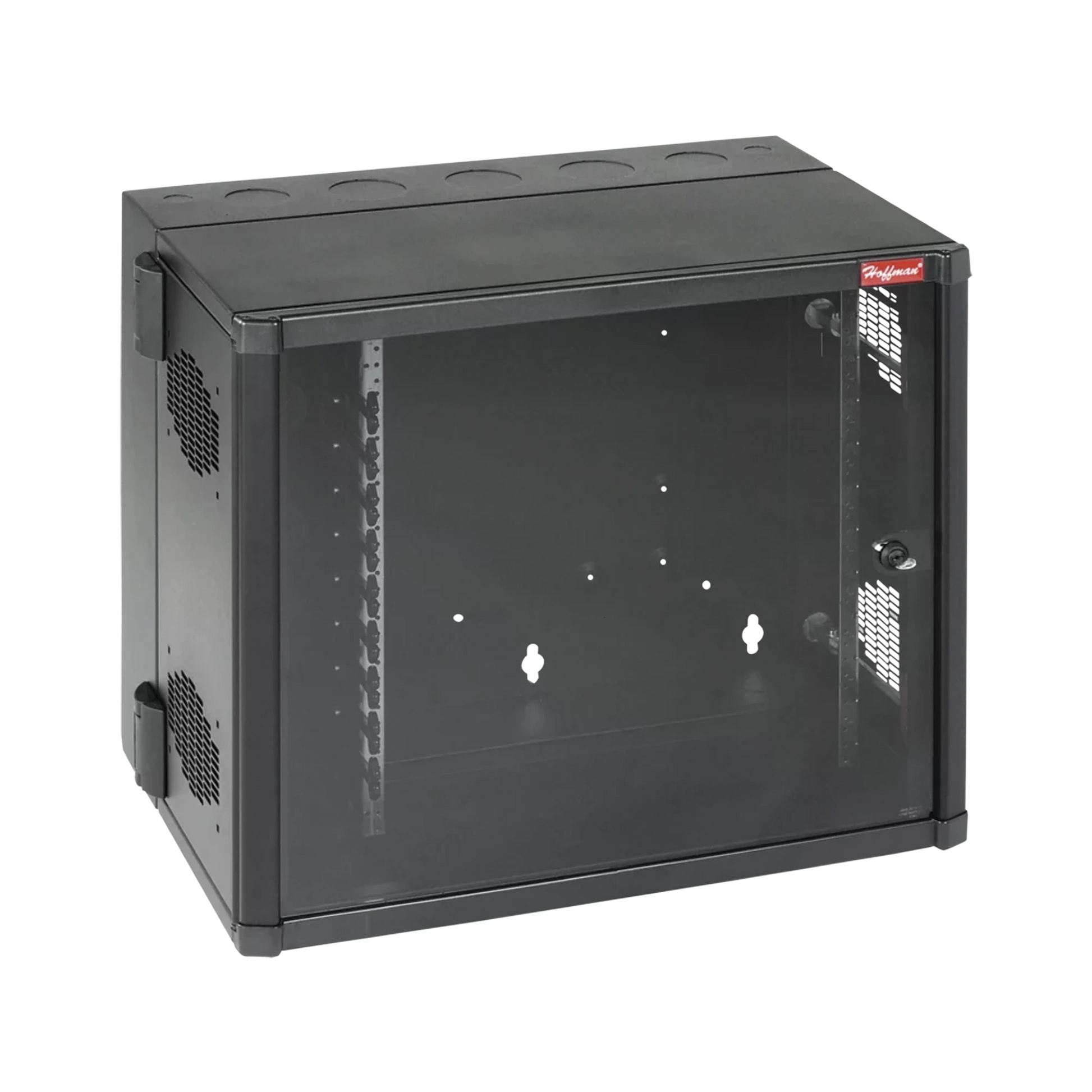 GABINETE ACCESSPLUS DE MONTAJE EN PARED DE 19IN, RIELES NUMERADOS Y ROSCADOS #10-32, PUERTA CON VENTANA DE SEGURIDAD, 700 MM DE ANCHO, 637 MM DE PROFUNDIDAD, 26 UR, COLOR NEGRO-Racks y Gabinetes-HOFFMAN-Bsai Seguridad & Controles
