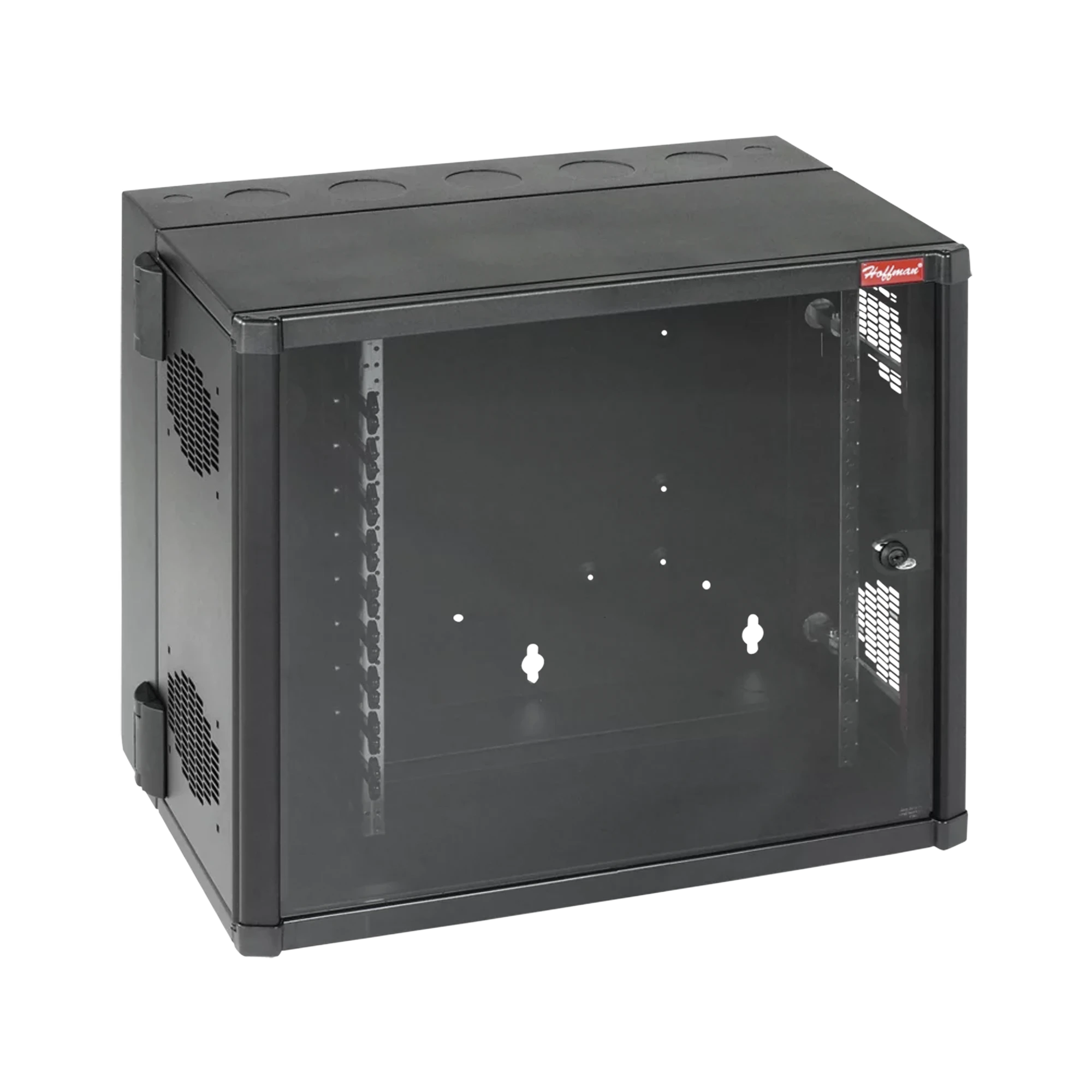 GABINETE ACCESSPLUS DE MONTAJE EN PARED DE 19IN, RIELES NUMERADOS Y ROSCADOS #10-32, PUERTA CON VENTANA DE SEGURIDAD, 700 MM DE ANCHO, 637 MM DE PROFUNDIDAD, 26 UR, COLOR NEGRO-Racks y Gabinetes-HOFFMAN-Bsai Seguridad & Controles