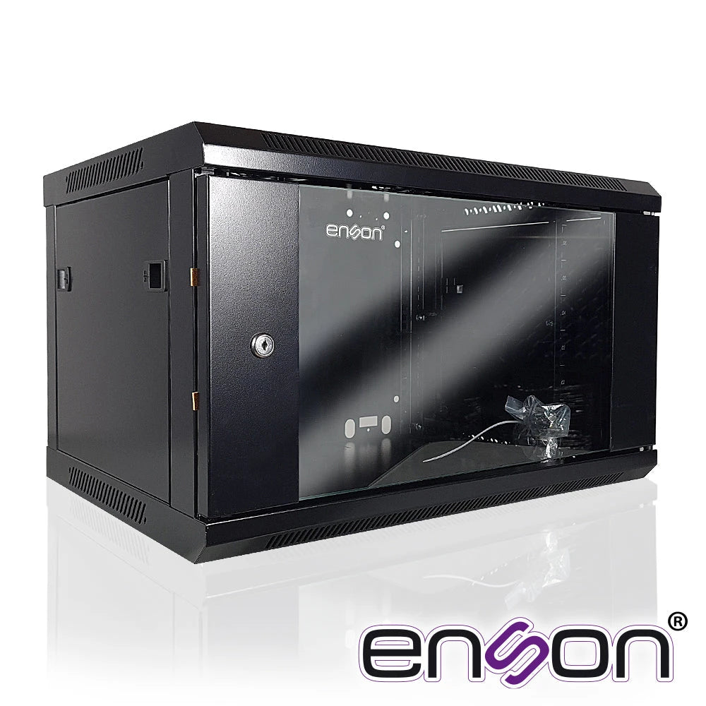 GABINETE DE PARED ENSON ENS-RKGB6UD 6UR PUERTA FRONTAL DE CRISTAL TEMPLADO CON CERRADURA DE SEGURIDAD RANURAS DE VENTILACION EN LA PARTE SUPERIOR PARA 2 VENTILADORES DE 11 CM 600X450X368MM, REQUIERE ENSAMBLAJE-Racks y Gabinetes-ENSON-Bsai Seguridad & Controles