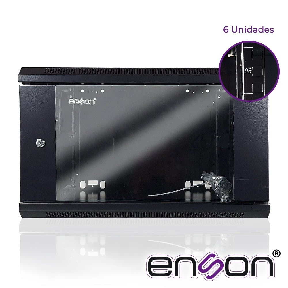 GABINETE DE PARED ENSON ENS-RKGB6UD 6UR PUERTA FRONTAL DE CRISTAL TEMPLADO CON CERRADURA DE SEGURIDAD RANURAS DE VENTILACION EN LA PARTE SUPERIOR PARA 2 VENTILADORES DE 11 CM 600X450X368MM, REQUIERE ENSAMBLAJE-Racks y Gabinetes-ENSON-Bsai Seguridad & Controles