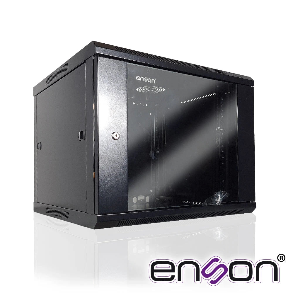 GABINETE DE PARED ENSON ENS-RKGB9U 9UR PUERTA FRONTAL DE CRISTAL TEMPLADO CON CERRADURA DE SEGURIDAD RANURAS DE VENTILACION EN LA PARTE SUPERIOR PARA 2 VENTILADORES DE 11 CM 600X600X501MM-Racks y Gabinetes-ENSON-Bsai Seguridad & Controles
