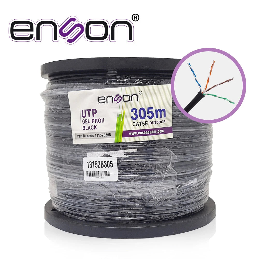 CABLE UTP CAT5E ENSON 13152B305 SERIE PRO-II C/GEL CALIBE 24 AWG 100% COBRE BOBINA DE 305 METROS FORRO PE COLOR NEGRO USO EXTERIOR RECOMENDADO PARA CCTV, VIDEO IP Y REDES BASE 10,100-Cableado-ENSON-Bsai Seguridad & Controles