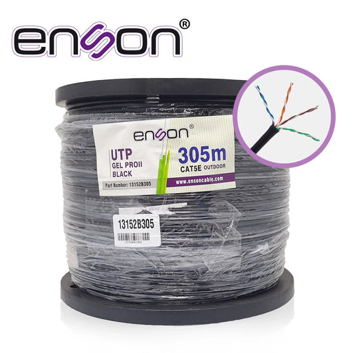 CABLE UTP CAT5E ENSON 13152B305 SERIE PRO-II C/GEL CALIBE 24 AWG 100% COBRE BOBINA DE 305 METROS FORRO PE COLOR NEGRO USO EXTERIOR RECOMENDADO PARA CCTV, VIDEO IP Y REDES BASE 10,100-Cableado-ENSON-13152B305-Bsai Seguridad & Controles