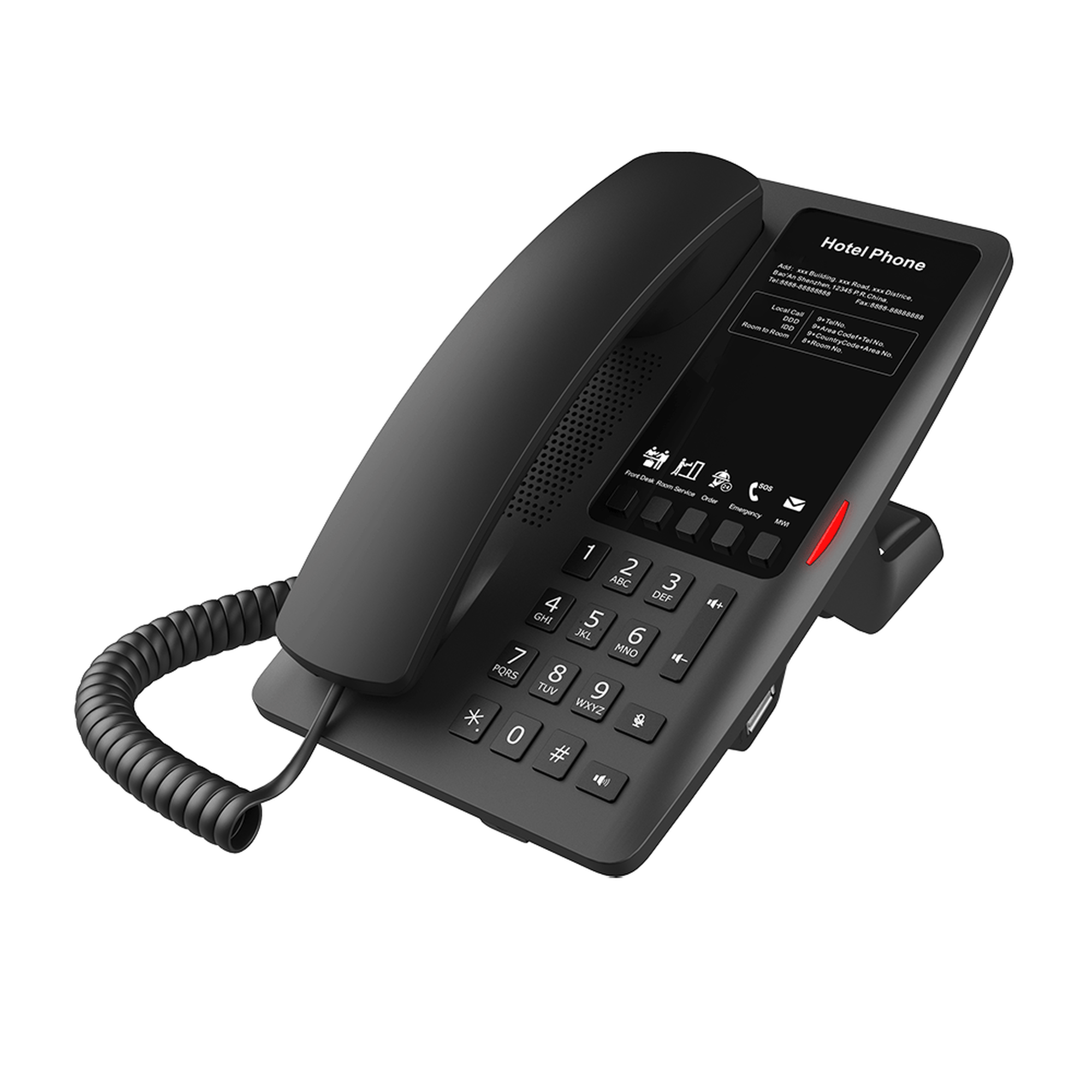TELÉFONO IP PARA HOTELERÍA, PUERTO USB-A PARA CARGA, 5 TECLAS PROGRAMABLES PARA SERVICIO RÁPIDO (HOTLINE), PLANTILLA PERSONALIZABLE CON POE