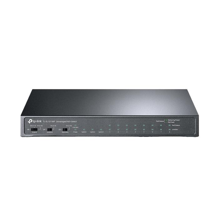 SWITCH POE+ NO ADMINISTRABLE DE ESCRITORIO 11 PUERTOS / 8 PUERTOS 10/100 MBPS POE AF/AT INTELIGIENTE / PRESUPUESTO 124 W / HASTA 250 METROS-Networking-TP-LINK-Bsai Seguridad & Controles