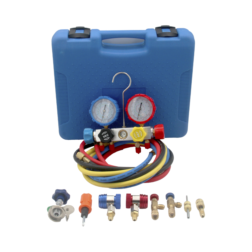 JUEGO DE MANÓMETROS PARA AIRE ACONDICIONADO, HERRAMIENTA DE CARGA DE REFRIGERANTE, DOBLE VÁLVULA CON ADAPTADORES DE ACOPLAMIENTO RÁPIDO, MANGUERA DE 1.5 METROS PARA REFRIGERANTES : R410A, R32, R134A, R22-Climatización / Refrigeración-EPCOM POWERLINE-Bsai Seguridad & Controles