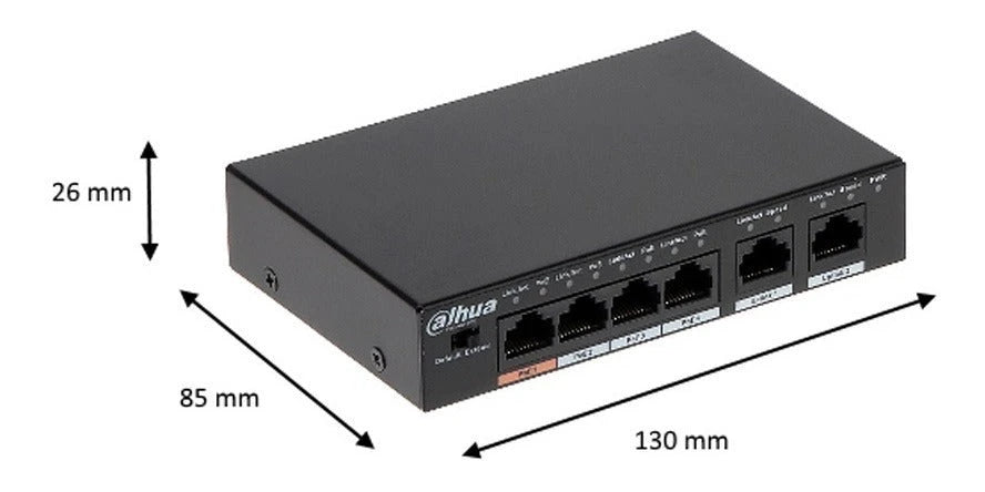 DAHUA PFS3006-4ET-60 - SWITCH POE 4 PUERTOS/ 2 PUERTOS UPLINK ETHERNET/ SWITCHING 1.8G/ 60 WATTS/ SOPORTA IEEE 802.3AF/ IEEE 802.3AT/ HI-POE-Switches POE-DAHUA-Bsai Seguridad & Controles