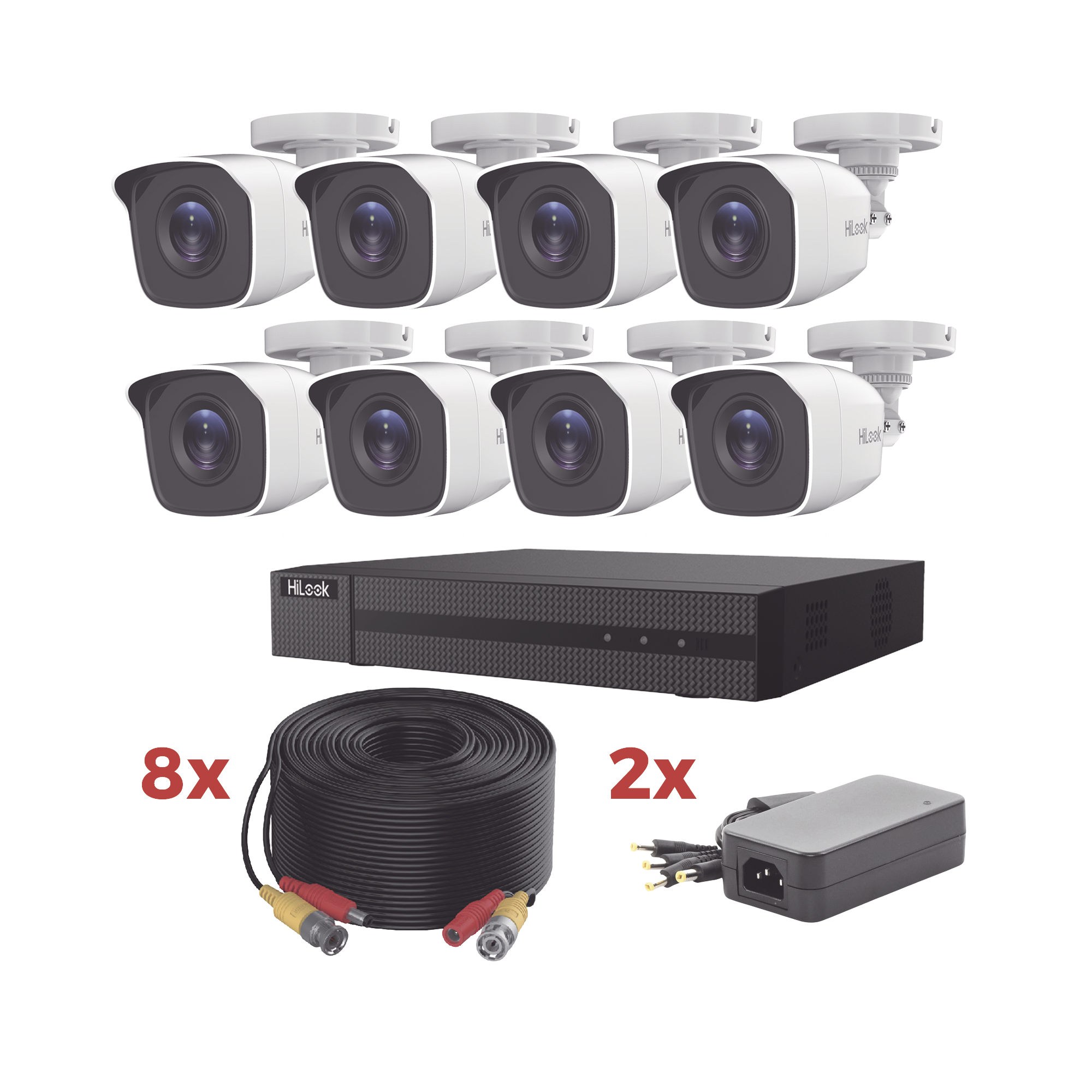 KIT TURBOHD / DVR 8 CANALES 1080P LITE / 8 CÁMARAS BALA 1080P METALICAS / 8 CABLES DE 20 METROS / 2 FUENTES DE 4 CANALES