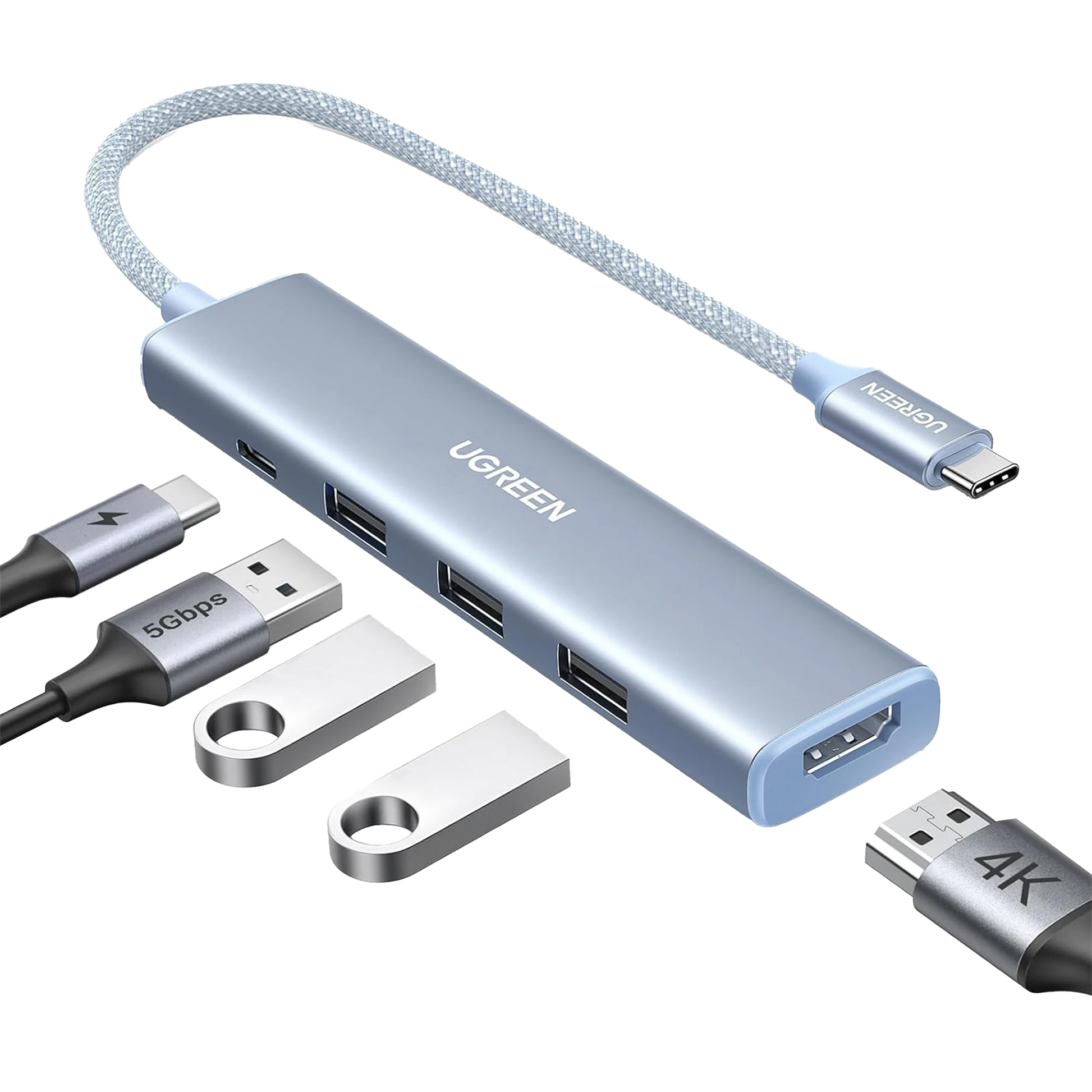 HUB USB-C (DOCKING REVODOK) 5 EN 1 | HDMI 2.0 4K@30HZ | 3 USB-A 3.0 (5GBPS) | USB-C PD CARGA 100W | CHIP DE ÚLTIMA GENERACIÓN | CABLE DE NYLON TRENZADO DE 25 CM | CARCASA DE ALUMINIO | COLOR AZUL.-Accesorios Generales-UGREEN-35581-Bsai Seguridad & Controles