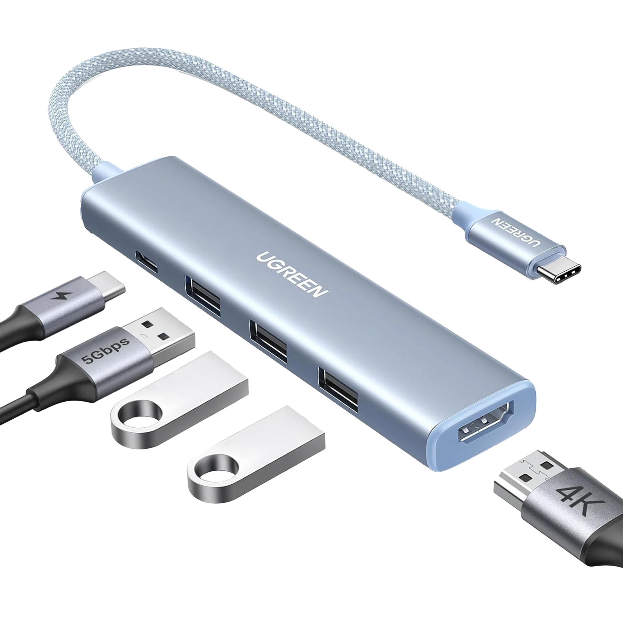 HUB USB-C (DOCKING REVODOK) 5 EN 1 | HDMI 2.0 4K@30HZ | 3 USB-A 3.0 (5GBPS) | USB-C PD CARGA 100W | CHIP DE ÚLTIMA GENERACIÓN | CABLE DE NYLON TRENZADO DE 25 CM | CARCASA DE ALUMINIO | COLOR AZUL.-Accesorios Generales-UGREEN-35581-Bsai Seguridad & Controles