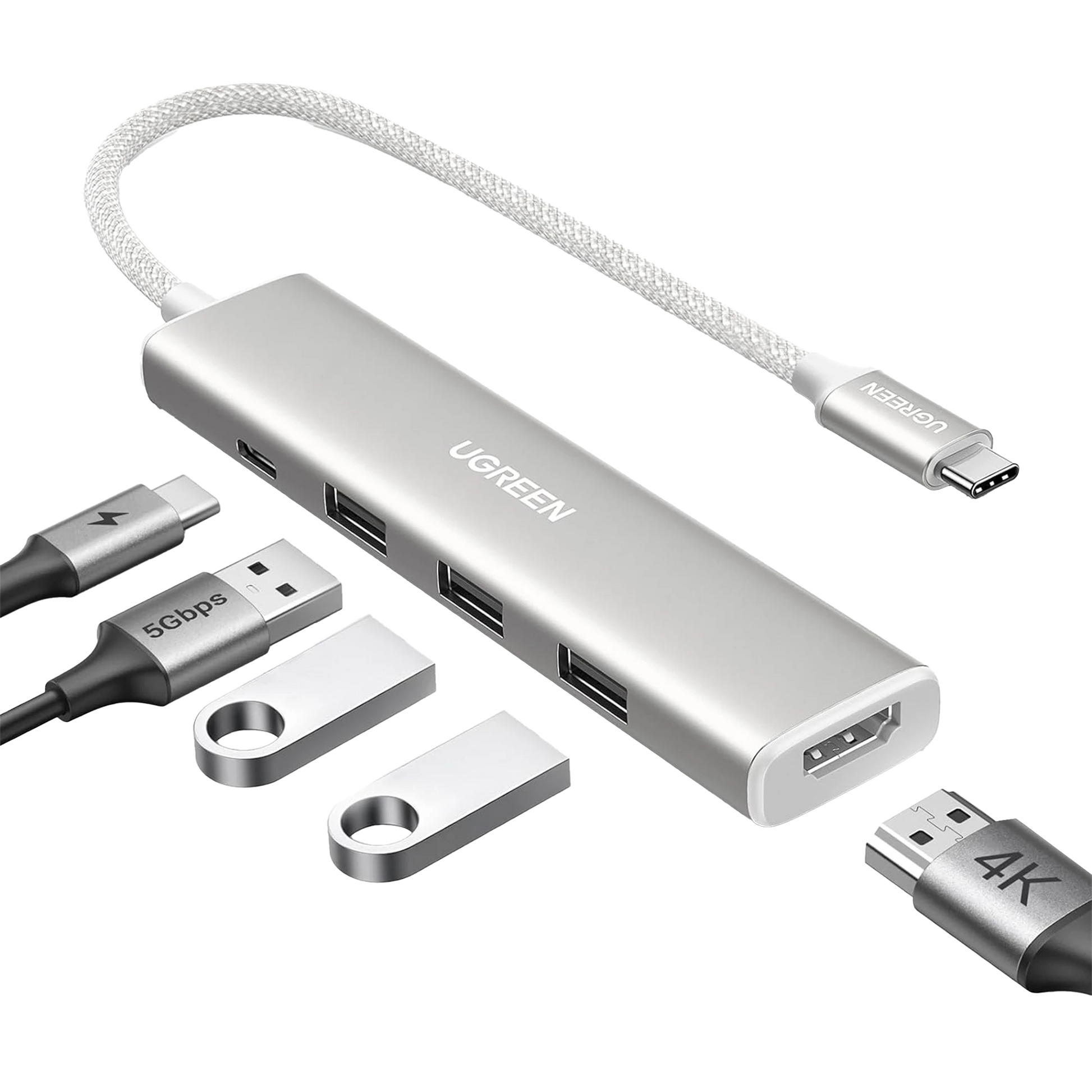 HUB USB-C (DOCKING REVODOK) 5 EN 1 | HDMI 2.0 4K@30HZ | 3 USB-A 3.0 (5GBPS) | USB-C PD CARGA 100W | CHIP DE ÚLTIMA GENERACIÓN | CABLE DE NYLON TRENZADO DE 25 CM | CARCASA DE ALUMINIO | COLOR BLANCO.-Accesorios Generales-UGREEN-35580-Bsai Seguridad & Controles