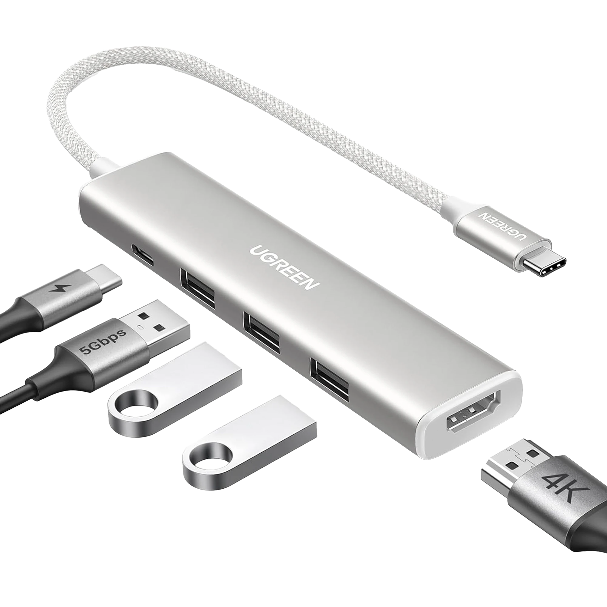 HUB USB-C (DOCKING REVODOK) 5 EN 1 | HDMI 2.0 4K@30HZ | 3 USB-A 3.0 (5GBPS) | USB-C PD CARGA 100W | CHIP DE ÚLTIMA GENERACIÓN | CABLE DE NYLON TRENZADO DE 25 CM | CARCASA DE ALUMINIO | COLOR BLANCO.-Accesorios Generales-UGREEN-35580-Bsai Seguridad & Controles