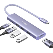 HUB USB-C (DOCKING REVODOK) 5 EN 1 | HDMI 2.0 4K@30HZ | 3 USB-A 3.0 (5GBPS) | USB-C PD CARGA 100W | CHIP DE ÚLTIMA GENERACIÓN | CABLE DE NYLON TRENZADO DE 25 CM | CARCASA DE ALUMINIO | COLOR MORADO.-Accesorios Generales-UGREEN-35582-Bsai Seguridad & Controles