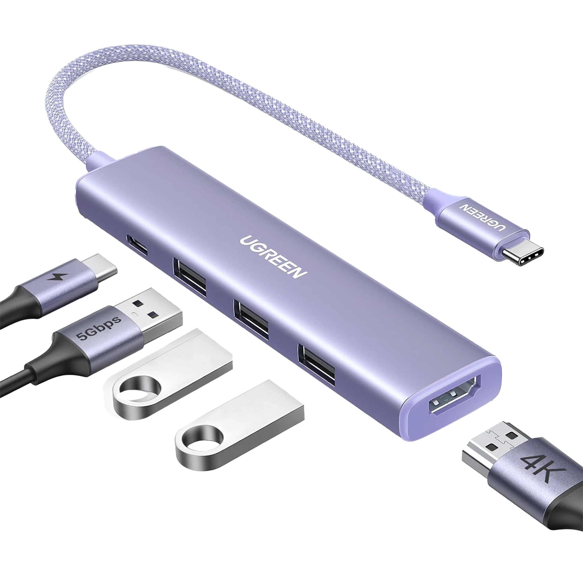 HUB USB-C (DOCKING REVODOK) 5 EN 1 | HDMI 2.0 4K@30HZ | 3 USB-A 3.0 (5GBPS) | USB-C PD CARGA 100W | CHIP DE ÚLTIMA GENERACIÓN | CABLE DE NYLON TRENZADO DE 25 CM | CARCASA DE ALUMINIO | COLOR MORADO.-Accesorios Generales-UGREEN-35582-Bsai Seguridad & Controles