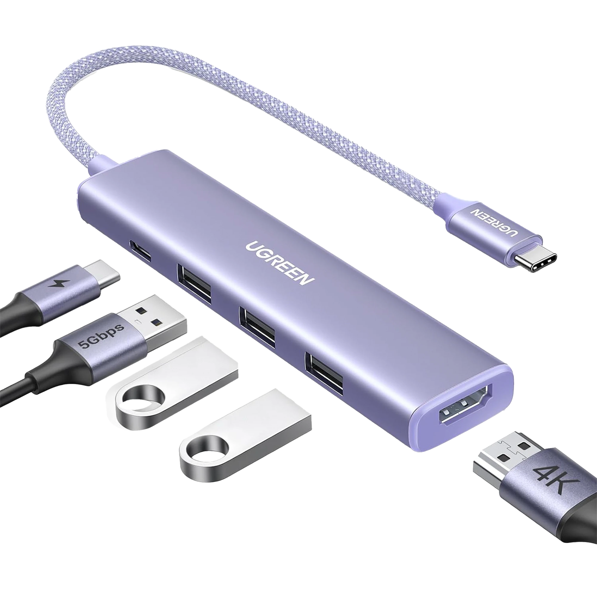 HUB USB-C (DOCKING REVODOK) 5 EN 1 | HDMI 2.0 4K@30HZ | 3 USB-A 3.0 (5GBPS) | USB-C PD CARGA 100W | CHIP DE ÚLTIMA GENERACIÓN | CABLE DE NYLON TRENZADO DE 25 CM | CARCASA DE ALUMINIO | COLOR MORADO.-Accesorios Generales-UGREEN-35582-Bsai Seguridad & Controles