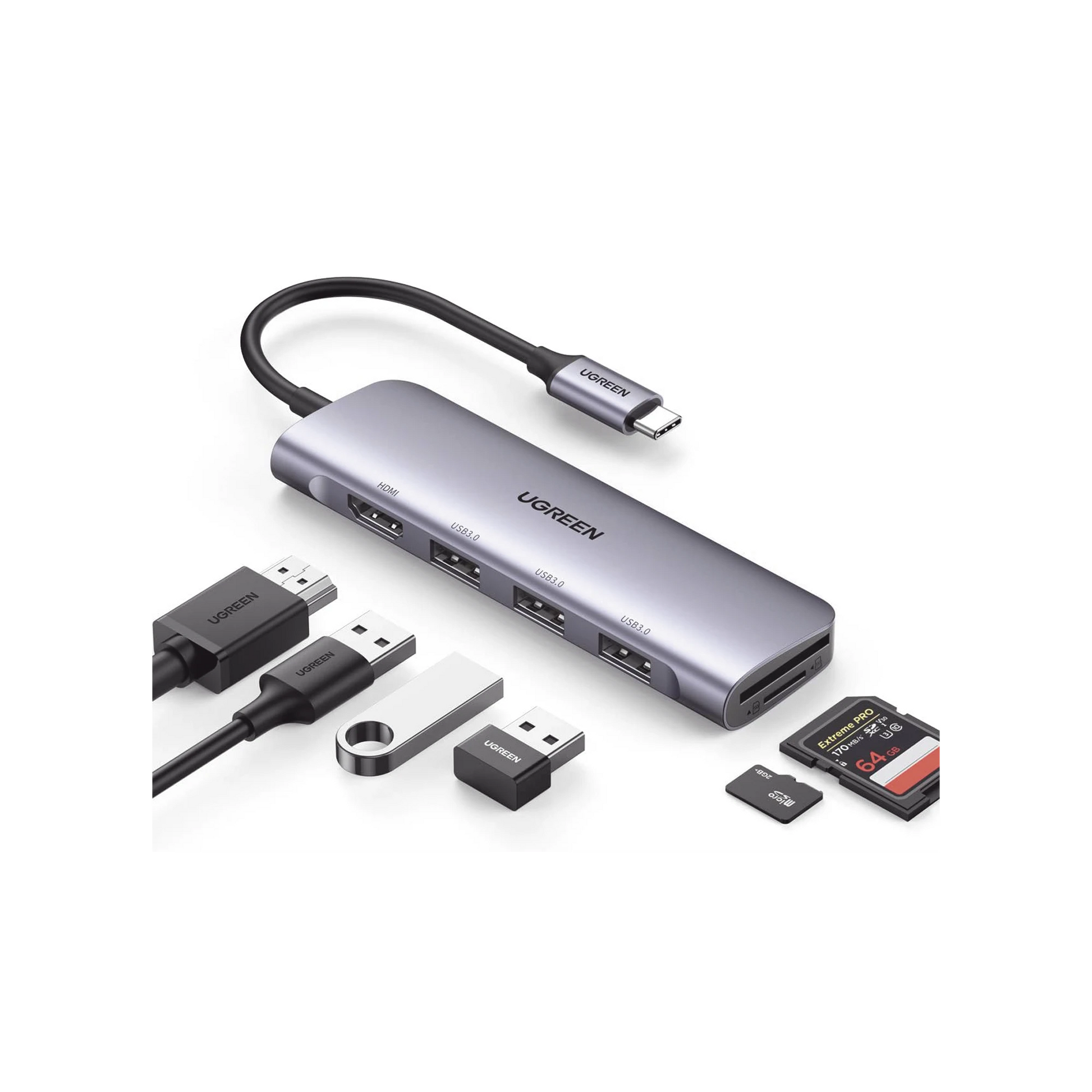 HUB USB-C (DOCKING STATION) 6 EN 1 | HDMI 4K@30HZ | 3 PUERTOS USB 3.0 | LECTOR TARJETA SD + MICRO SD (TF) USO SIMULTÁNEO | CHIP DE ÚLTIMA GENERACIÓN | POTENTE DISIPACIÓN DE CALOR | CAJA DE ALUMINIO.-Accesorios Generales-UGREEN-Bsai Seguridad & Controles