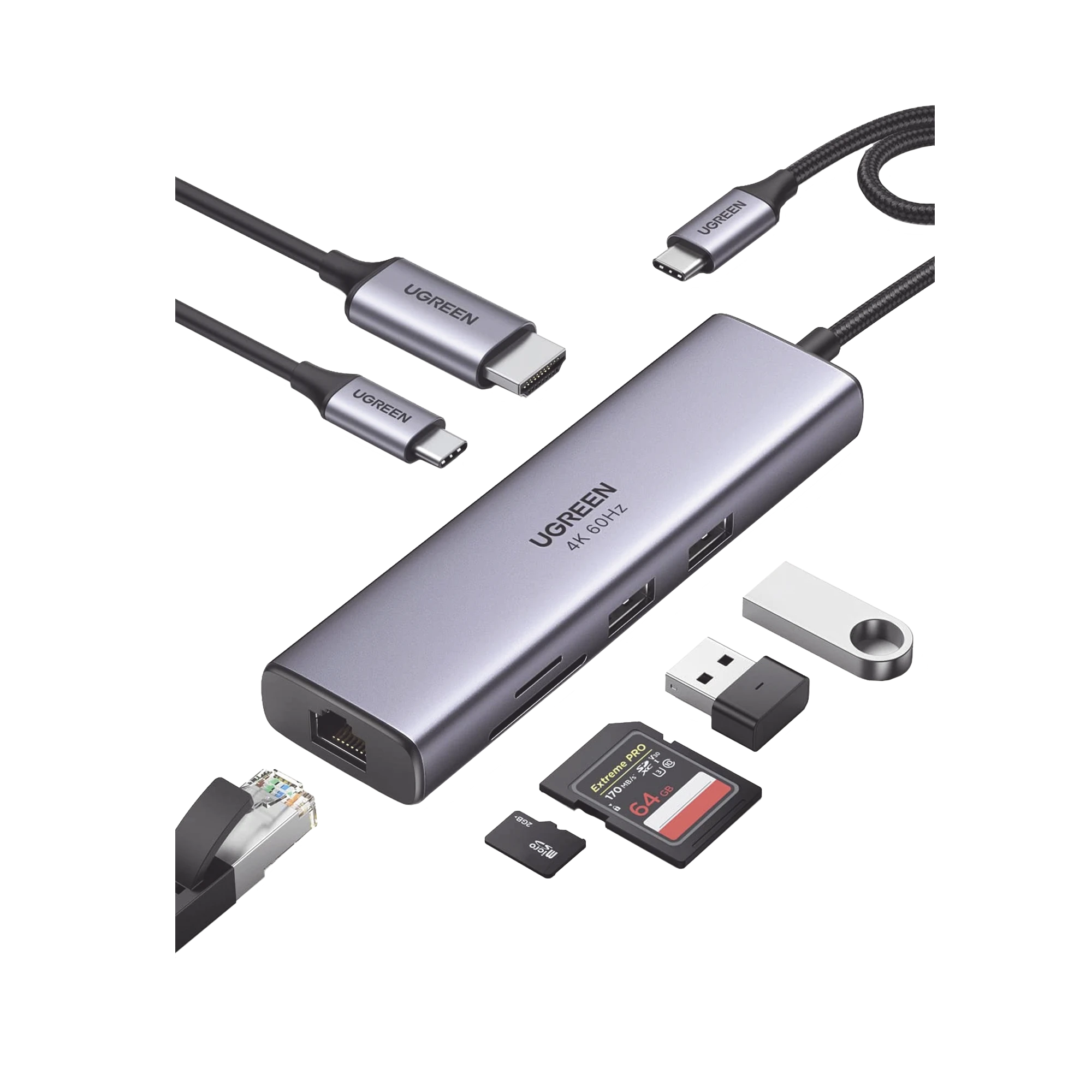 HUB USB-C (DOCKING STATION) 7 EN 1 | 2 USB-A 3.0 (5GBPS) | 1 USB-C PD CARGA 100W | HDMI 4K@60HZ | RJ45 (GIGABIT ETHERNET) | LECTOR TARJETAS SD + MICRO SD (TF) USO SIMULTÁNEO | CABLE DE NYLON TRENZADO | CAJA DE ALUMINIO.-Accesorios Generales-UGREEN-60515-Bsai Seguridad & Controles
