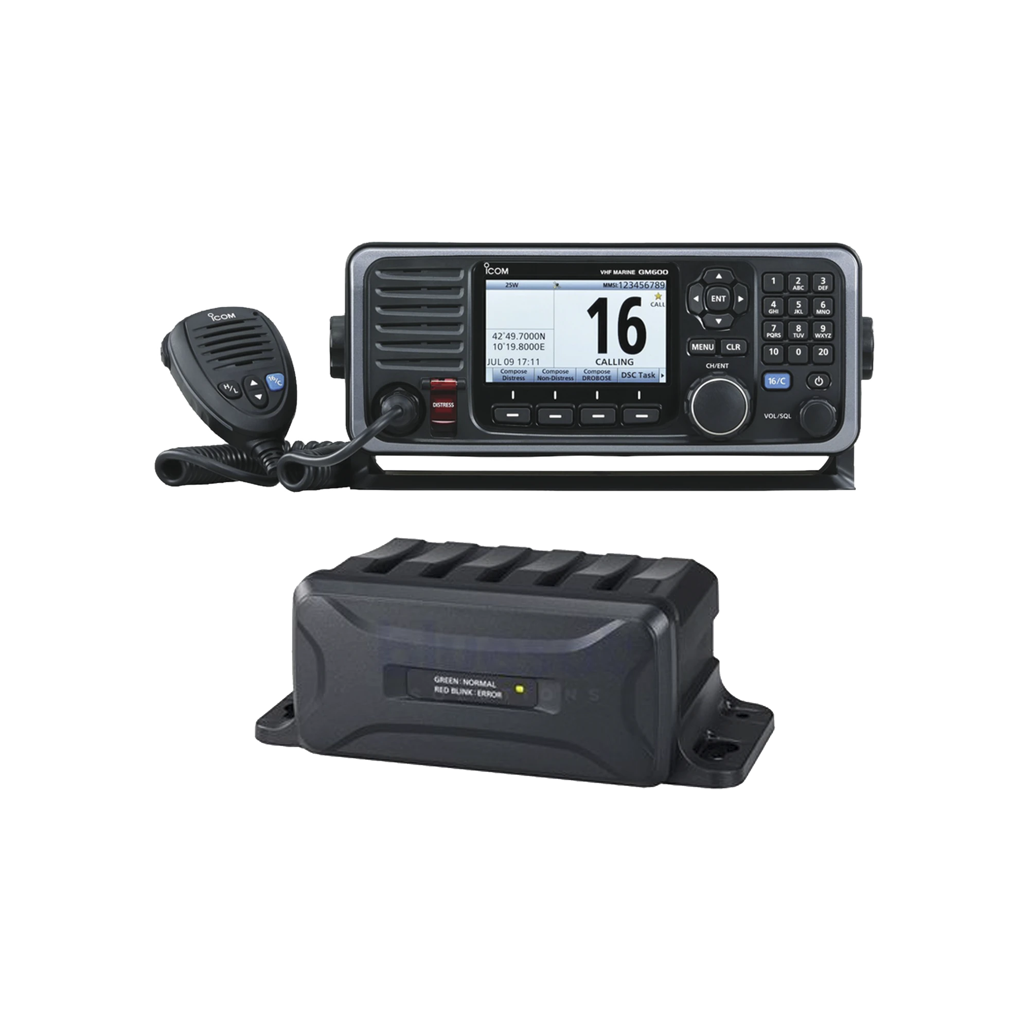 RADIO MÓVIL MARINO EN BANDA DE VHF, RX: 156.025-162.000, TX: 156.025-161.600 MHZ, CUMPLE CON GMDSS BAJO EL REQUERIMIENTO DE SOLAS, PANTALLA DE 4.3 PULGADAS. INCLUYE MICRÓFONO, KIT DE MONTAJE Y CONVERTIDOR DE 12VD