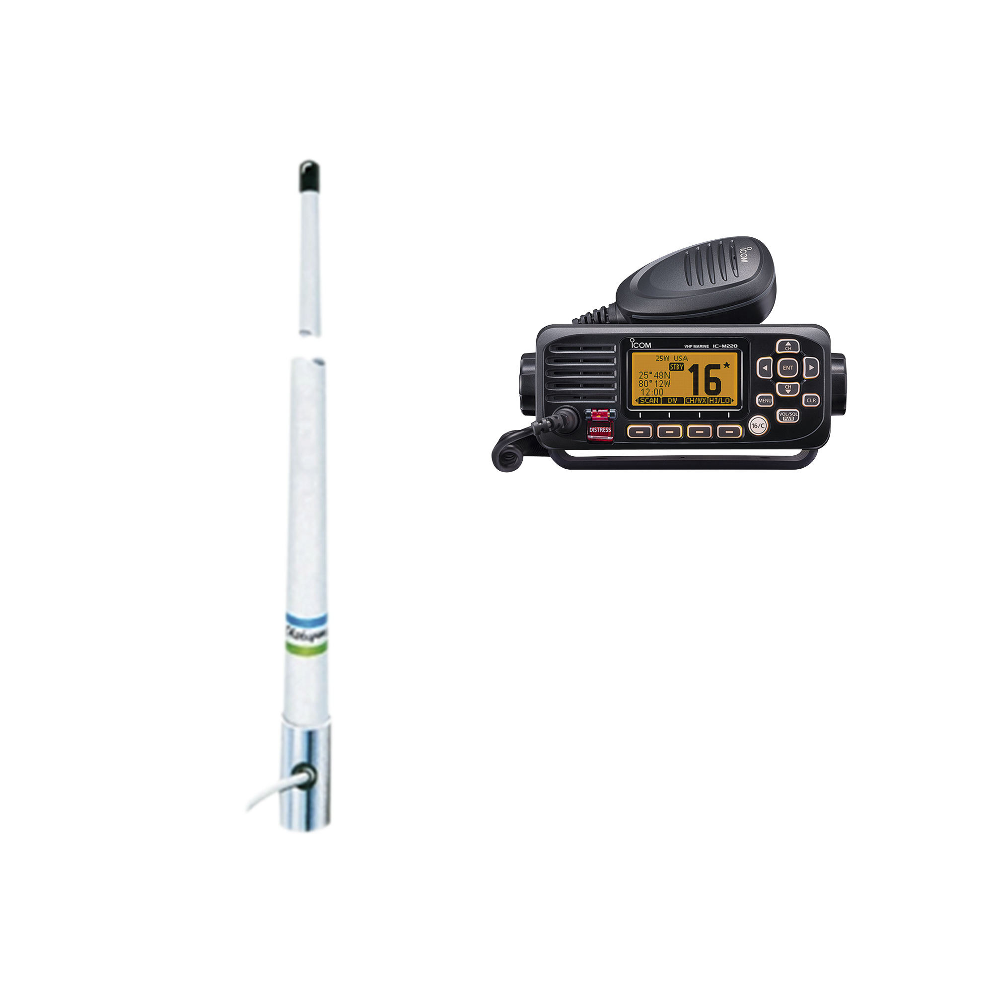 KIT DE RADIO MÓVIL VHF MARINO MODELO IC-M220/13 Y ANTENA MARINA SHAKESPEARE EN FIBRA DE VIDRIO 5101
