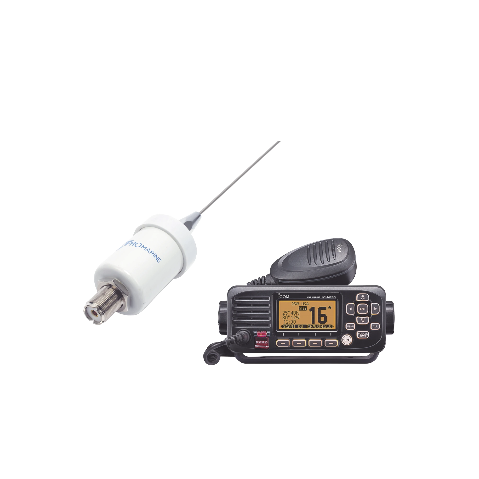 KIT DE RADIO IC-M220 | MAS ANTENA MARINA TX-1600-SYS FABRICADA EN LÁTIGO DE ACERO INOXIDABLE