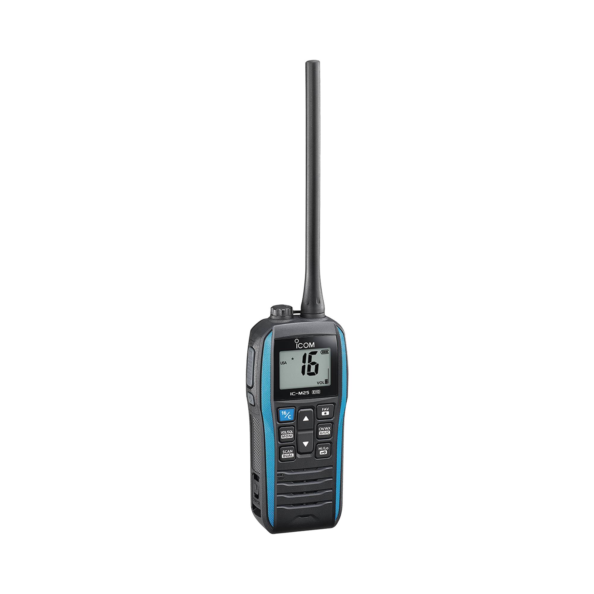 RADIO PORTÁTIL MARINO COLOR AZUL METÁLICO, 5 W DE POTENCIA RF, 0.5 W DE SALIDA DE AUDIO, FLOTANTE, SUMERGIBLE IPX7, TX: 156.025-157.425MHZ, RX: 156.050-163.275MHZ , INCLUYE BATERÍA DE 1500MAH, CARGADOR, ANTENA CLIP Y CORREA DE MANO