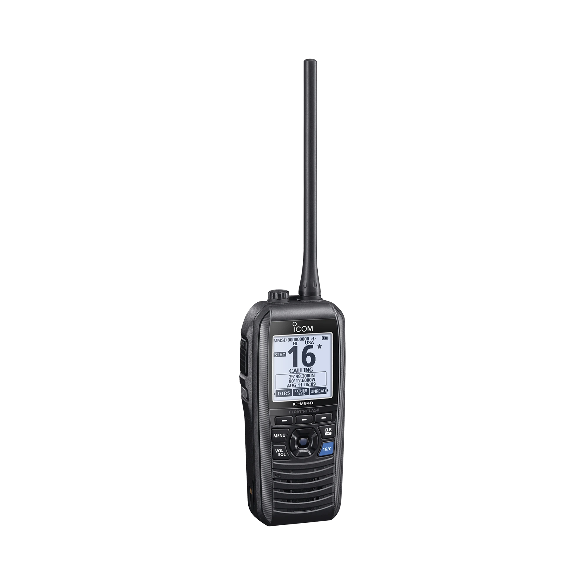 RADIO PORTÁTIL MARINO FLOTANTE CON RECEPTOR AIS Y GPS INCLUIDO, TX: 156.025-157.425 MHZ RX: 156.050-163.275 MHZ, OPERA EN CANALES INT, USA, CAN, WX, INCLUYE ANTENA, BATERÍA, CARGADOR, CABLE DE ENCENDEDOR Y CLIP.