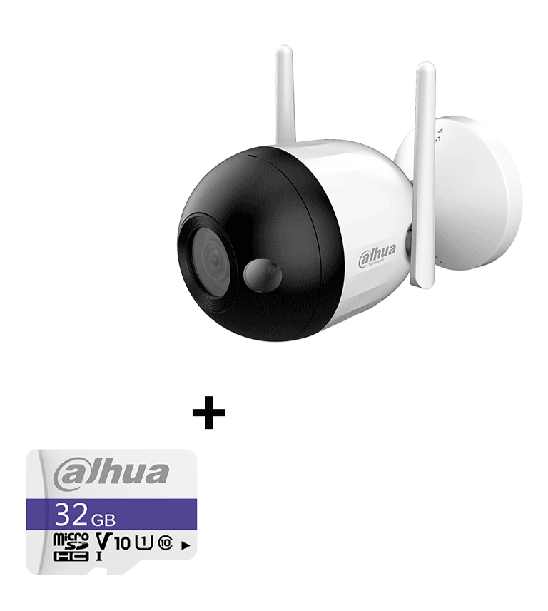 BUNDLE F2C-LED - CÁMARA IP BULLET WIFI DE 2 MEGAPÍXELES/ FULL COLOR/ MICROFONO INTEGRADO/ 30 MTS DE LUZ VISIBLE/ RANURA PARA MICROSD/ IA CON DETECCIÓN DE HUMANOS/ IP67/ + MEMORIA MICRO SD DE 32GB/ #MIPRIMERIP-WiFi-DAHUA-Bsai Seguridad & Controles