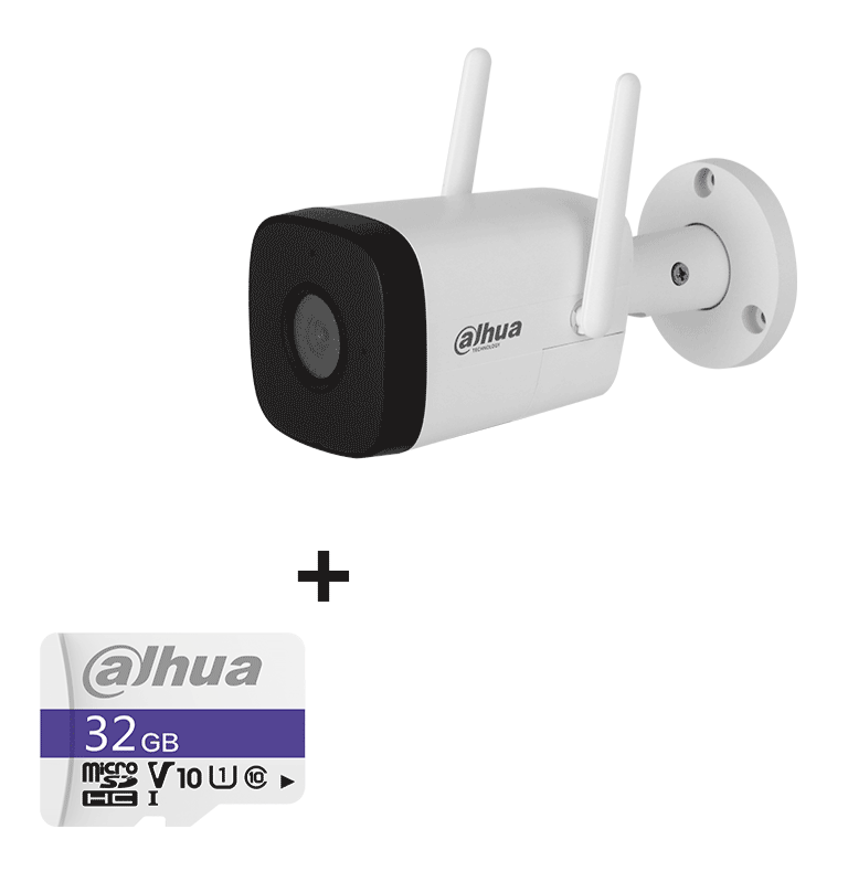 BUNDLE IPC-HFW1230DT-STW - CÁMARA IP BULLET WIFI DE 2 MEGAPIXELES/ LENTE DE 2.8 MM/ 100 GRADOS DE APERTURA/ IR DE 30 METROS/ H.265/ MICROFONO Y ALTAVOZ INTEGRADOS/ RANURA MICROSD/ IP67/ DETECCIÓN DE MOVIMIENTO/ + MEMORIA MICRO SD DE 32 GB/ #MIPRIMERIP-WiFi-DAHUA-Bsai Seguridad & Controles