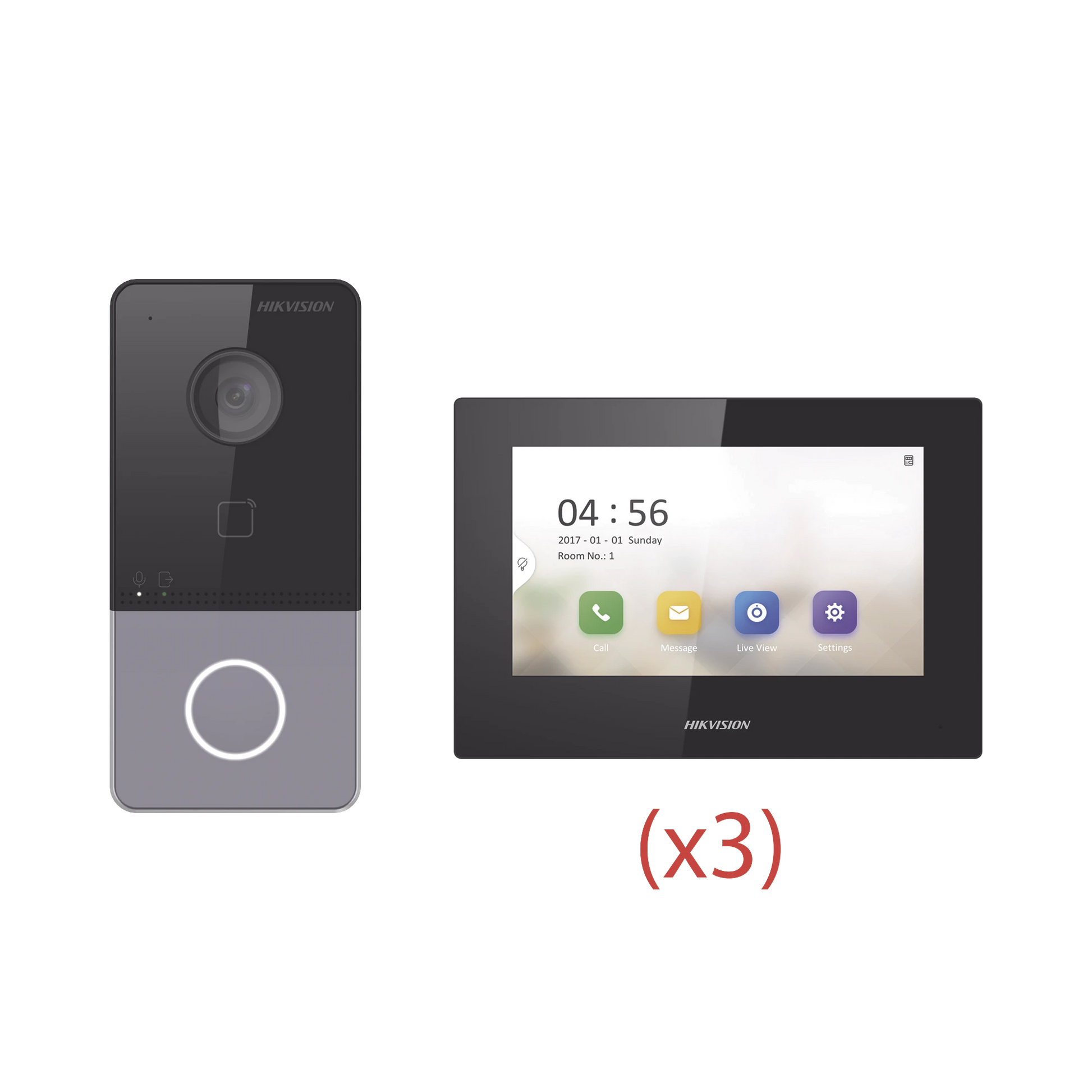 KIT DE VIDEOPORTERO IP LITE CON LLAMADA A APP DE SMARTPHONE (HIK-CONNECT) / APERTURA CON TARJETA / SOPORTA POE ESTÁNDAR / INCLUYE 3 MONITORES-VoIP y Telefonía IP-HIKVISION-Bsai Seguridad & Controles