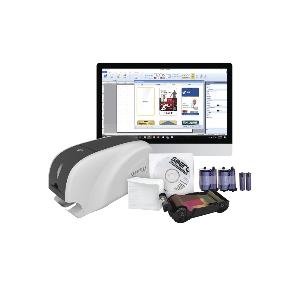 KIT IMPRESORA DE TARJETAS PVC/ UNA CARA /INCLUYE: 2 X RIBBONS, 100 TARJETAS PVC, SOFTWARE, KIT LIMPIEZA-Credencialización-IDP-Bsai Seguridad & Controles