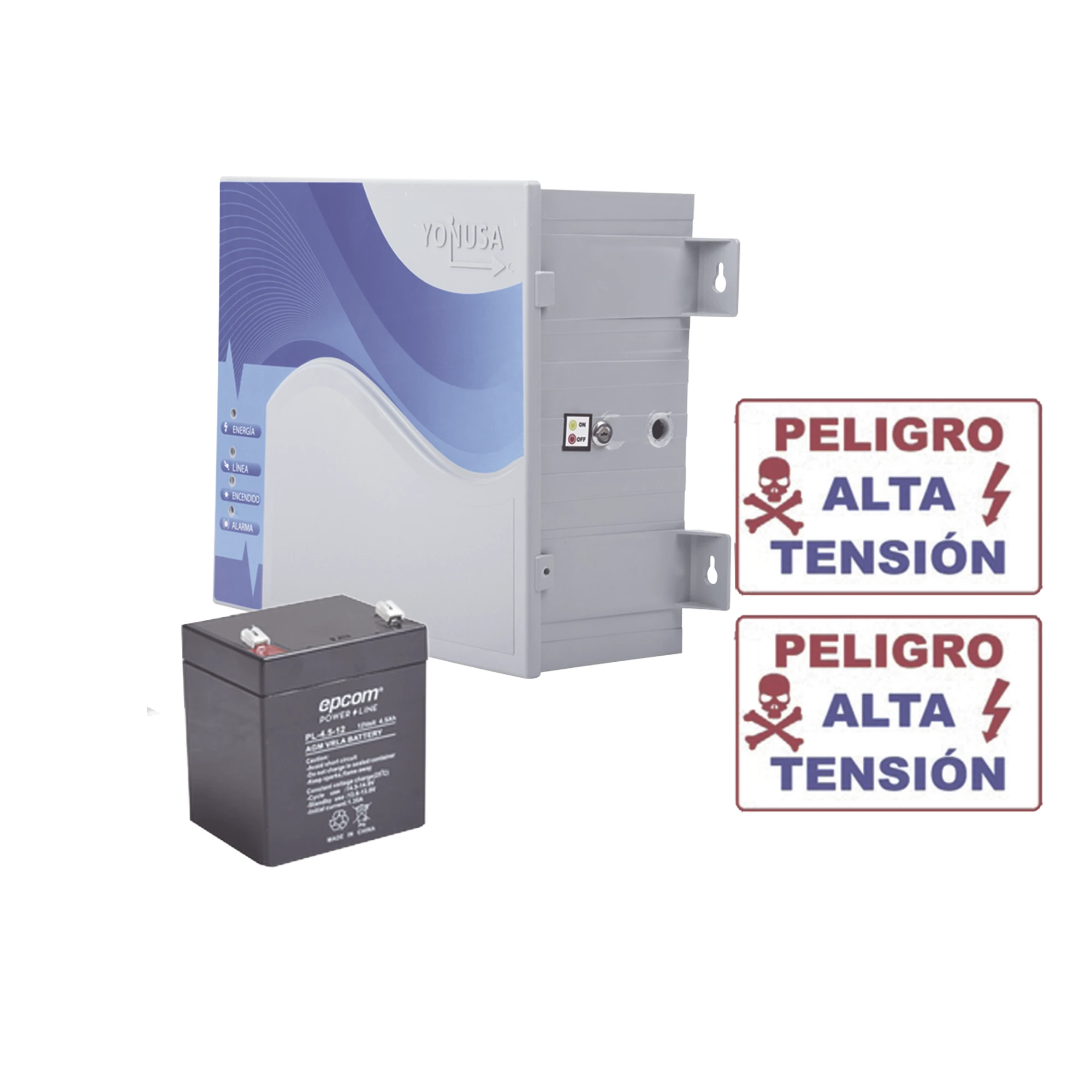 KIT DE ENERGIZADOR DE 12,000VOLTS-.9JOULES/2500 MTS LINEALES DE PROTECCION/ACTIVADO POR ATENUACIÓN DE VOLTAJE,CORTE DE LÍNEA O ATERRIZAMIENTO DE LA LÍNEA/INTEGRACIÓN A PANEL DE ALARMA.-Cercas Eléctricas-YONUSA-Bsai Seguridad & Controles