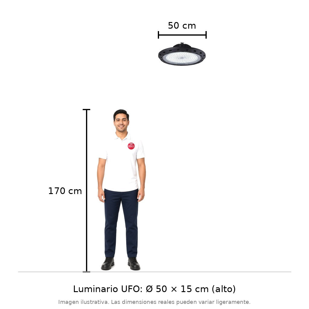 LUMINARIO LED UFO / 200 W / 28,000 LM / 6500 K / IP66 / 85 - 265 V CA / 50,000 H [JLREUFO-200] tamaño real