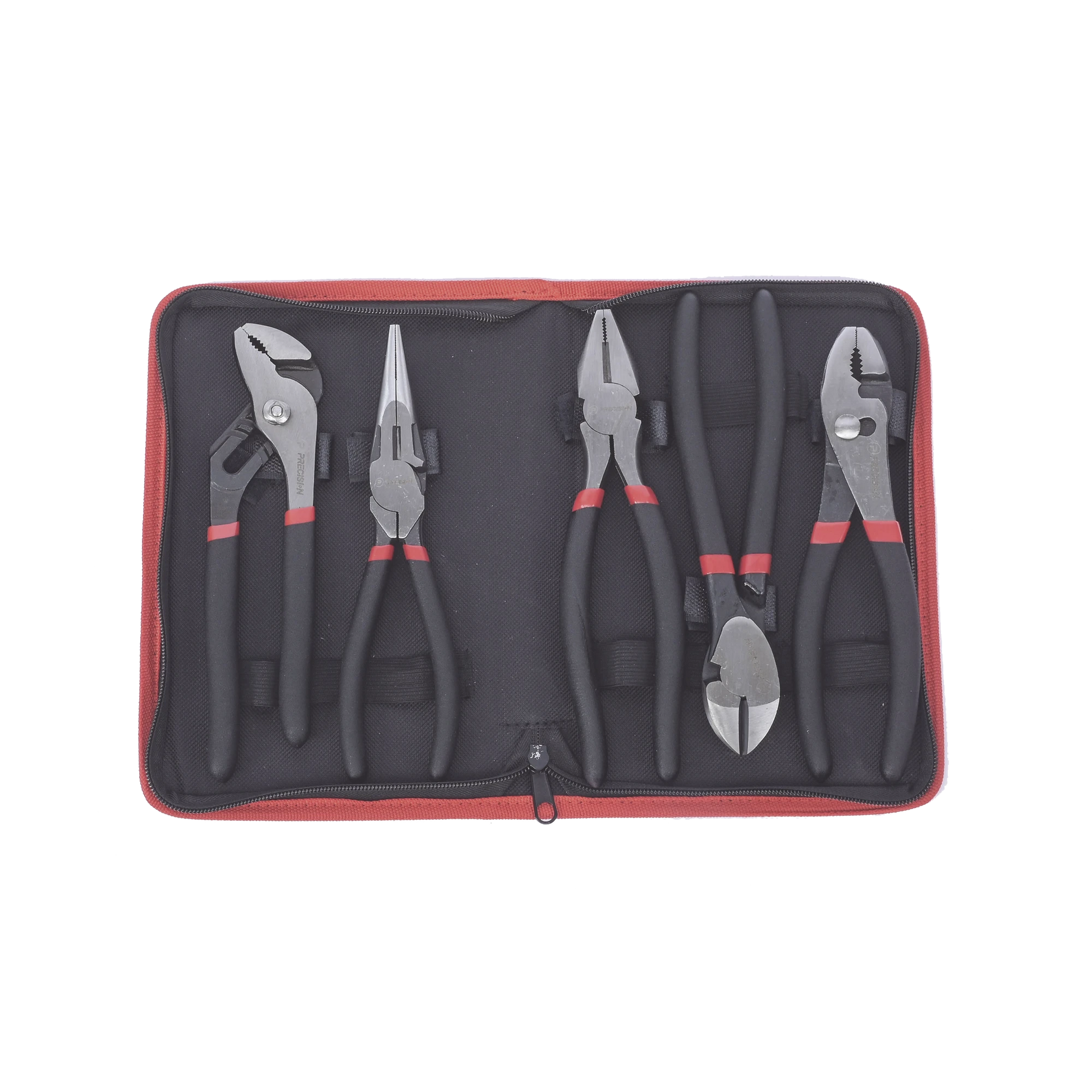 JUEGO DE 5 PINZAS DE 8" CON ESTUCHE. INCLUYE: P. MECÁNICA, P. PARA TUBO, P. ELÉCTRICA, P. CORTE, NARIZ LARGA.-Ferreteria-PRECISION-Bsai Seguridad & Controles