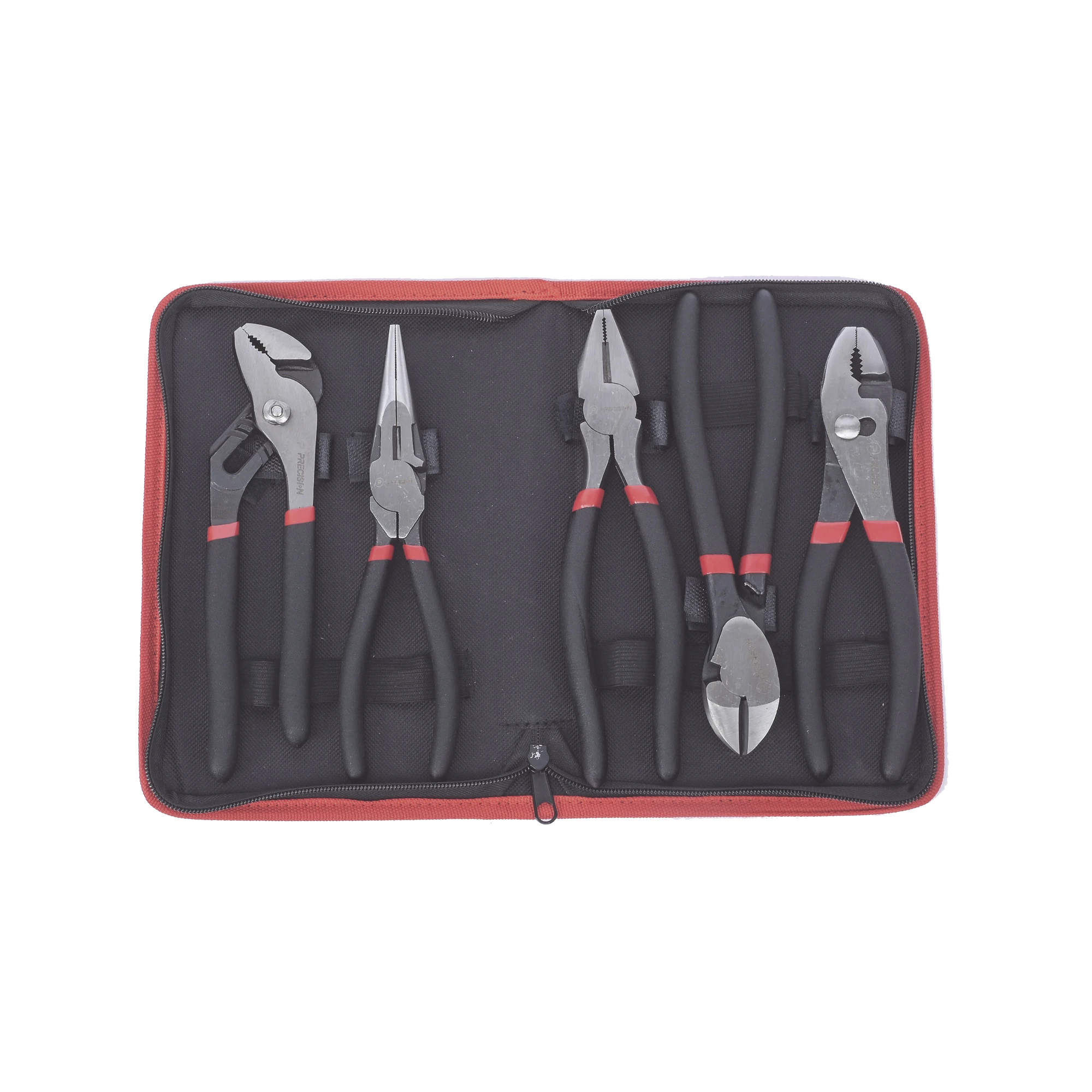 JUEGO DE 5 PINZAS DE 8" CON ESTUCHE. INCLUYE: P. MECÁNICA, P. PARA TUBO, P. ELÉCTRICA, P. CORTE, NARIZ LARGA.-Ferreteria-PRECISION-Bsai Seguridad & Controles