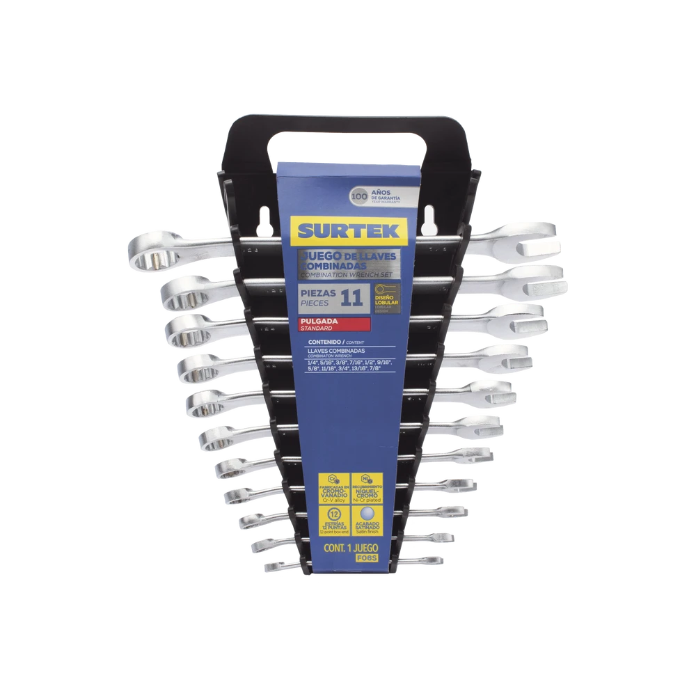 JUEGO DE LLAVES COMBINADAS EN RACK CON 11 PIEZAS EN PULGADAS, DE CROMO CON ACABADO SATINADO.-Herramientas-SURTEK-Bsai Seguridad & Controles
