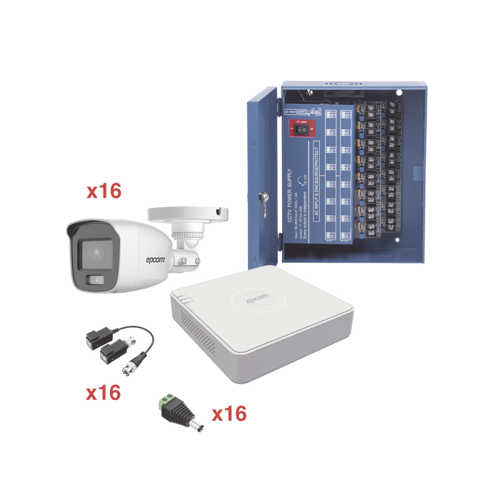 KIT TURBOHD 1080P LITE / DVR 16 CANALES / 16 CÁMARAS BALA EXTERIOR ( 2.8MM) CON COLORVU + MICRÓFONO INTEGADO / TRANSCEPTORES / CONECTORES / FUENTE DE PODER PROFESIONAL-Kits- Sistemas Completos-EPCOM-KE1080PL/16BCA-Bsai Seguridad & Controles