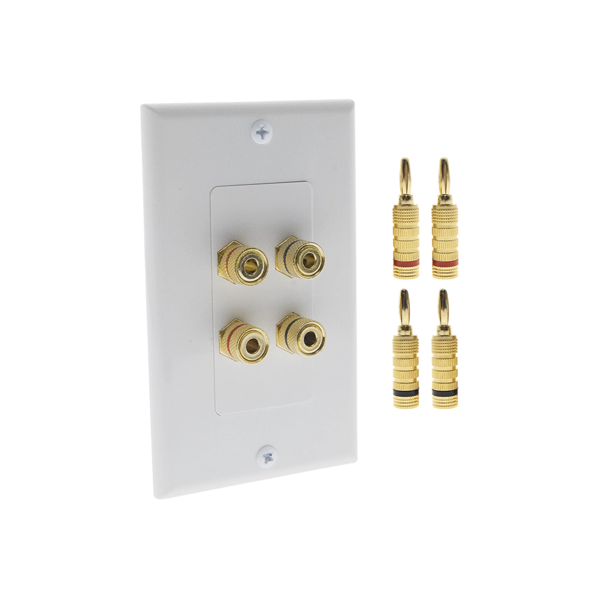 KIT 1 PLACA DE PARED + 2 PARES CONECTORES BANANA (ROJO+NEGRO) | POSTES DE UNIÓN TIPO BANANA | CONEXIÓN PARA 2 ALTAVOCES | FÁCIL INSTALACIÓN | CONECTORES CHAPADOS EN ORO-Audio, Video y Voceo-EPCOM PROAUDIO-Bsai Seguridad & Controles