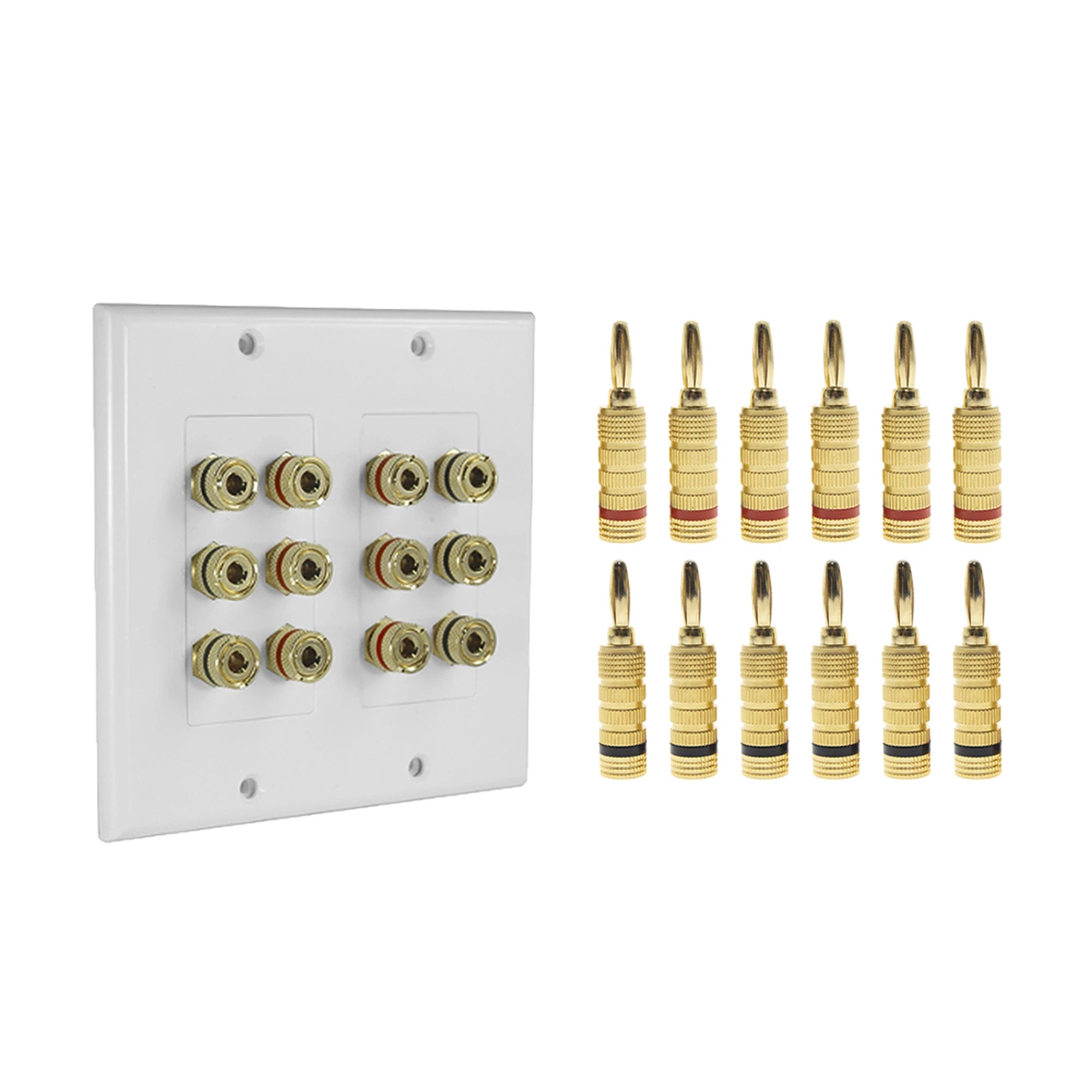 KIT 1 PLACA DE PARED + 6 PARES CONECTORES BANANA (ROJO+NEGRO) | POSTES DE UNIÓN TIPO BANANA | CONEXIÓN PARA 6 ALTAVOCES | FÁCIL INSTALACIÓN | CONECTORES CHAPADOS EN ORO-Audio, Video y Voceo-EPCOM PROAUDIO-Bsai Seguridad & Controles
