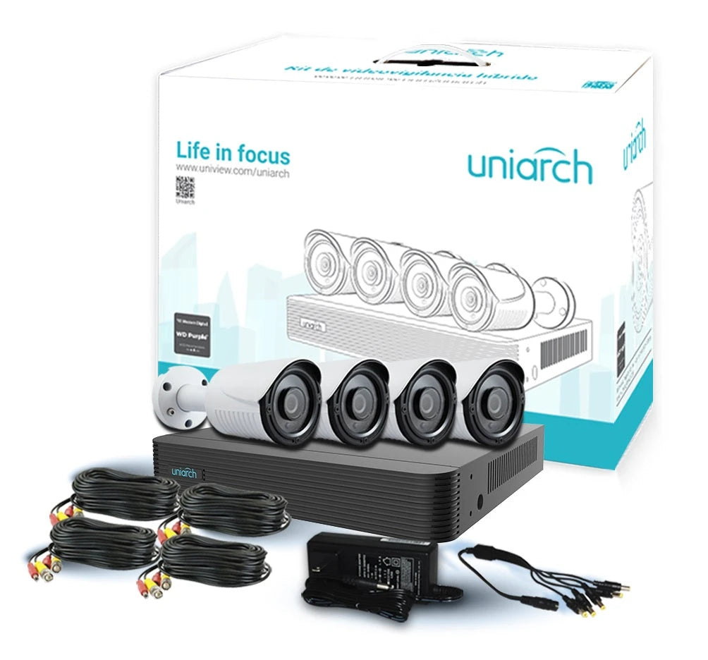 KIT 4X4 1080P 2MP BULLET EXTERIOR UNIARCH UN104G2 INCLUYE 1 XVR DV104UNV03, 4 BULLET 2.8MM C4111UNI05, 4 CABLES CB01AMER06, 1 DISTRIBUIDOR FPA02ENS02 Y FUENTE DE PODER FP121ENS10-Kits de Videovigilancia-UNIARCH BY UNV-Bsai Seguridad & Controles