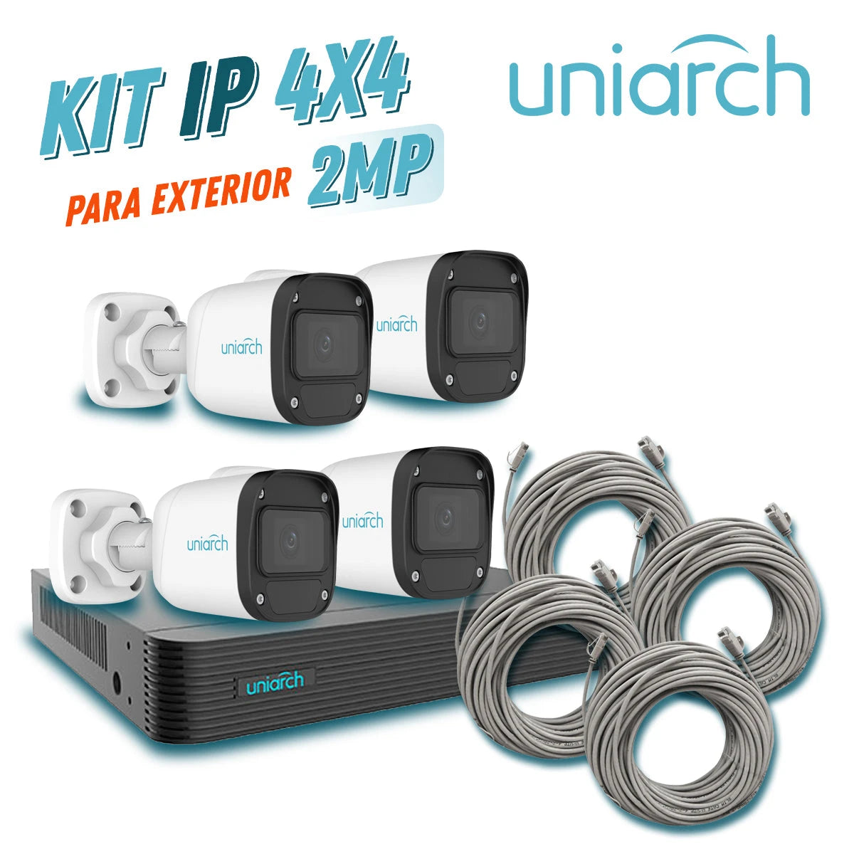 KIT 4X4 UNIARCH IP EXTERIOR BULLET 2MP 1080P INCLUYE 1 NVR POE 4PTOS + 4 CAM BULLET IP 2MP 2.8MM SLOT MICROSD + 4 CABLES PREPONCHADOS DE 18MTS-Kits de Video IP-UNIARCH BY UNV-Bsai Seguridad & Controles