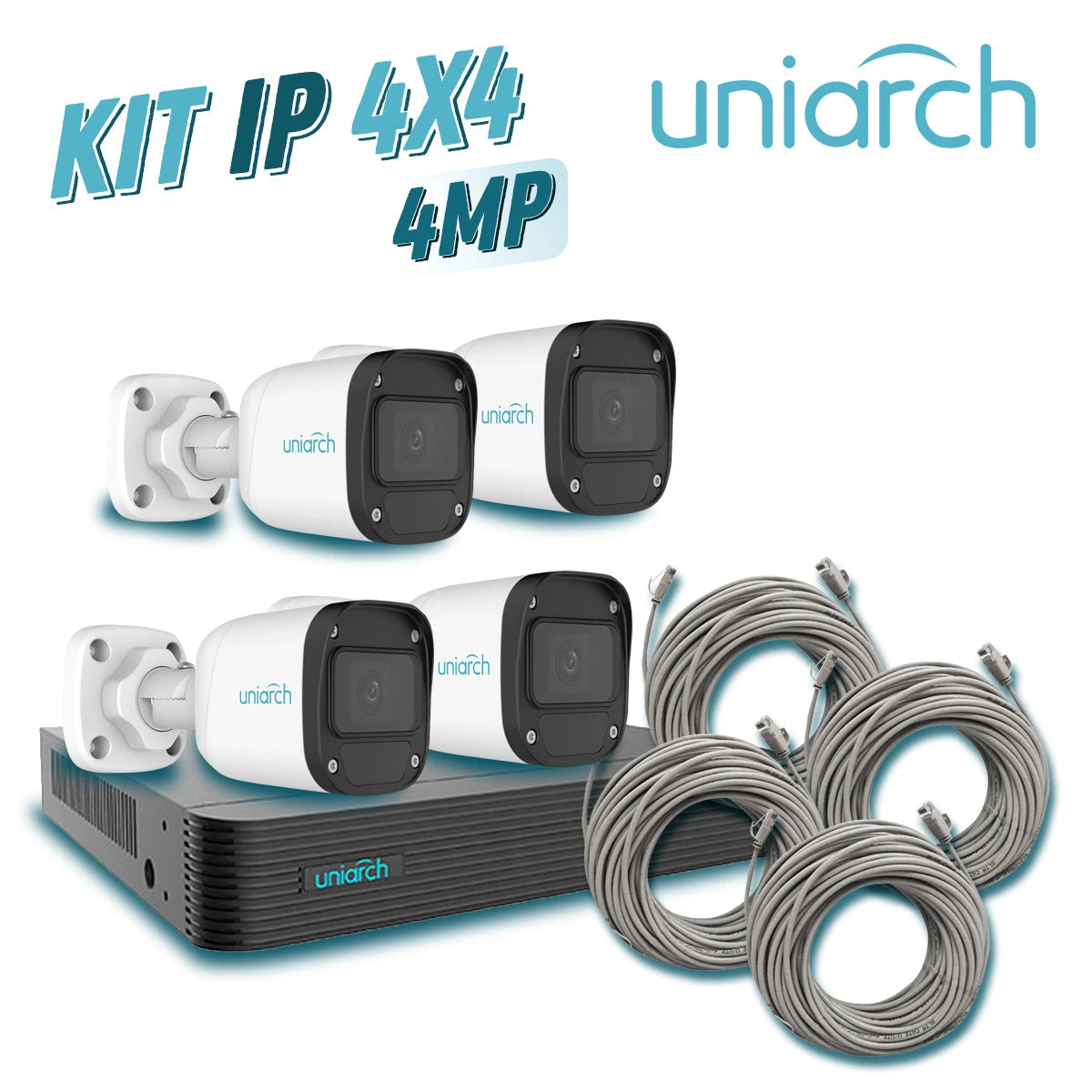 KIT 4X4 UNIARCH IP EXTERIOR BULLET 4MP INCLUYE 1 NVR POE 4PTOS + 4 CAM BULLET IP 4MP 2.8MM SLOT MICROSD + 4 CABLES PREPONCHADOS DE 18MTS-Kits de Video IP-UNIARCH BY UNV-KIT 1 x NVR-104E2-P4 + 4 x IPC-B124-APF28K + 4 x ENS-IP18CAT6-Bsai Seguridad & Controles