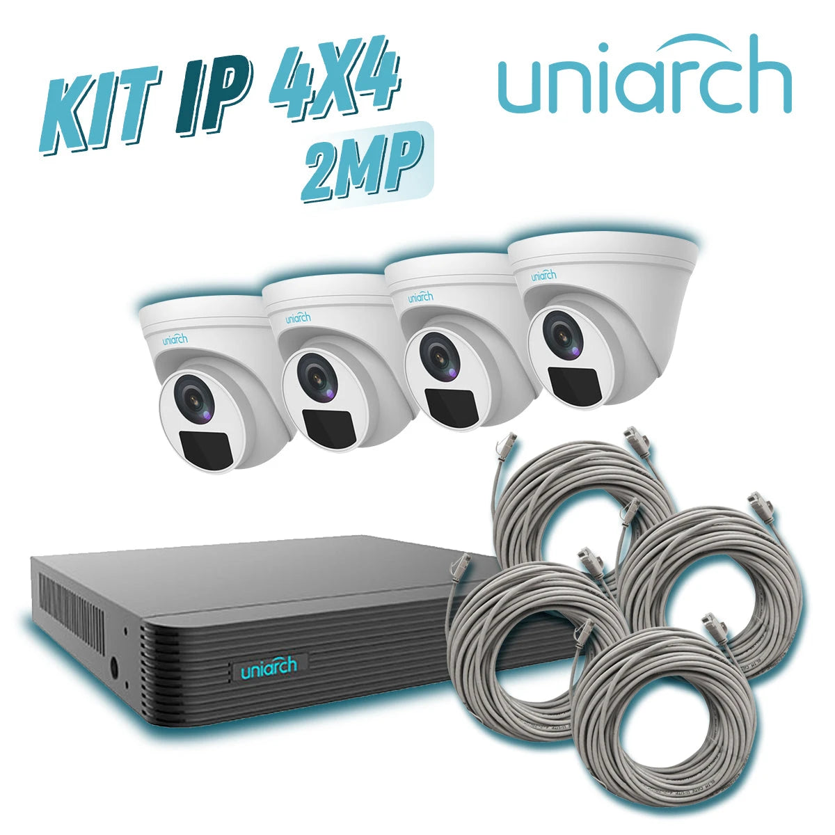 KIT 4X4 UNIARCH IP EXTERIOR TURRET 2MP 1080P INCLUYE 1 NVR POE 4 PTOS + 4 CAM TURRET IP 2 MP 2.8 MM SLOT MICRO SD + 4 CABLES PREPONCHADOS DE 18MTS-Kits de Video IP-UNIARCH BY UNV-KIT 1 x NVR-104E2-P4 + 4 x IPC-T122-APF28K + 4 x ENS-IP18CAT6-Bsai Seguridad & Controles