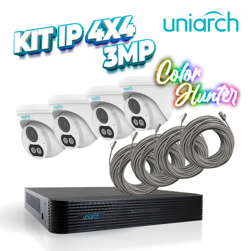 KIT 4X4 UNIARCH IP EXTERIOR TURRET COLOR HUNTER 3MP MIC INCLUIDO IPC67 INCLUYE 1 NVR POE 4PTOS + 4 CAM TURRET IP 3MP 2.8MM + 4 CABLES PREPONCHADOS DE 18MTS-Kits de Video IP-UNIARCH BY UNV-KIT 1x NVR-104E2-P4 + 4x IPC-T213-APF28W + 4x ENS-IP18CAT6-Bsai Seguridad & Controles