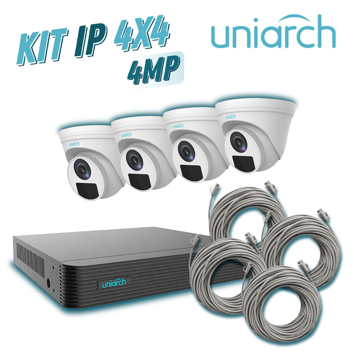 KIT 4X4 UNIARCH IP TURRET INTERIOR / EXTERIOR 4MP 1080P INCLUYE 1 NVR POE 4PTOS + 4 CAM TURRET IP 4MP 2.8MM SLOT MICROSD + 4 CABLES PREPONCHADOS DE 18MTS-Kits de Video IP-UNIARCH BY UNV-KIT 1 x NVR-104E2-P4 + 4 x IPC-T124-APF28K + 4 x ENS-IP18CAT6-Bsai Seguridad & Controles