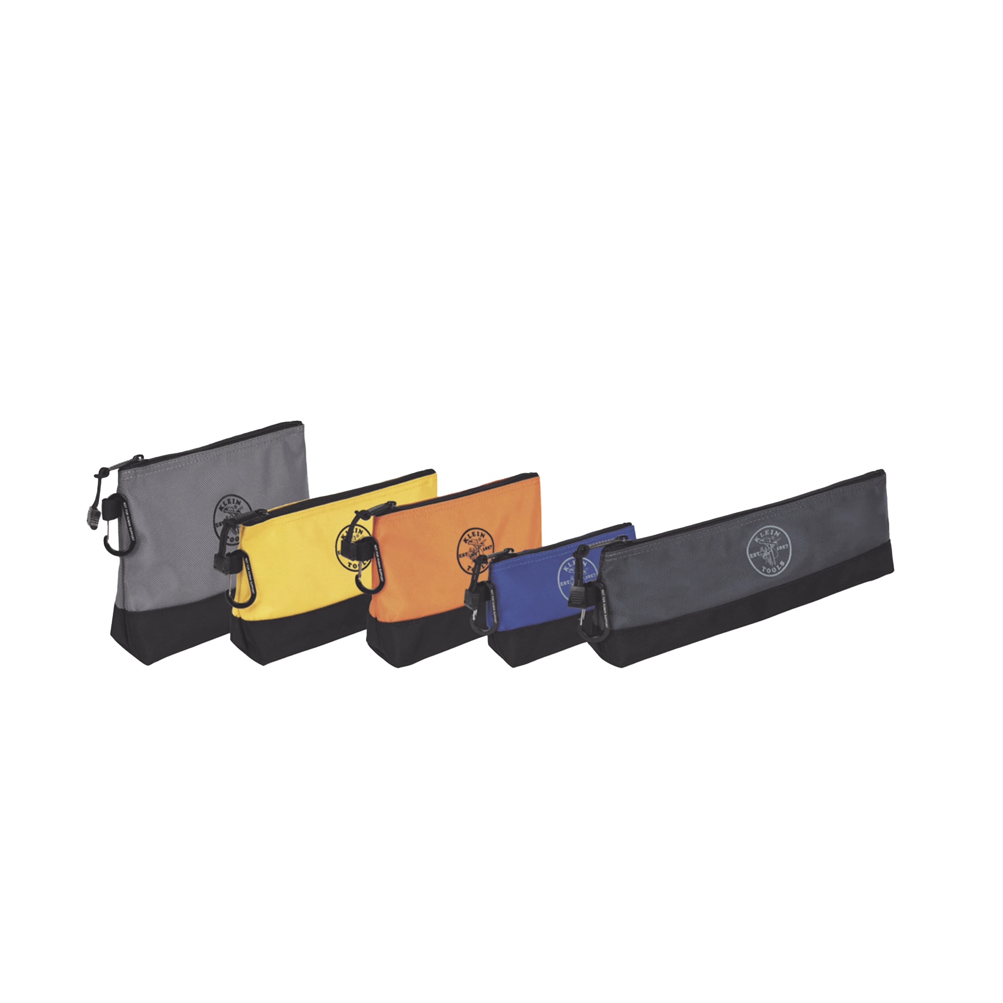 KIT 5 BOLSOS ULTRA RESISTENTES PARA HERRAMIENTAS CON BASE Y CIERRE ZIPPER, COLORES: GRIS CLARO, AMARILLO, NARANJA, AZUL, GRIS OSCURO. TODOS CON MOSQUETONES DE ALUMINIO.-Ferreteria-KLEIN TOOLS-Bsai Seguridad & Controles