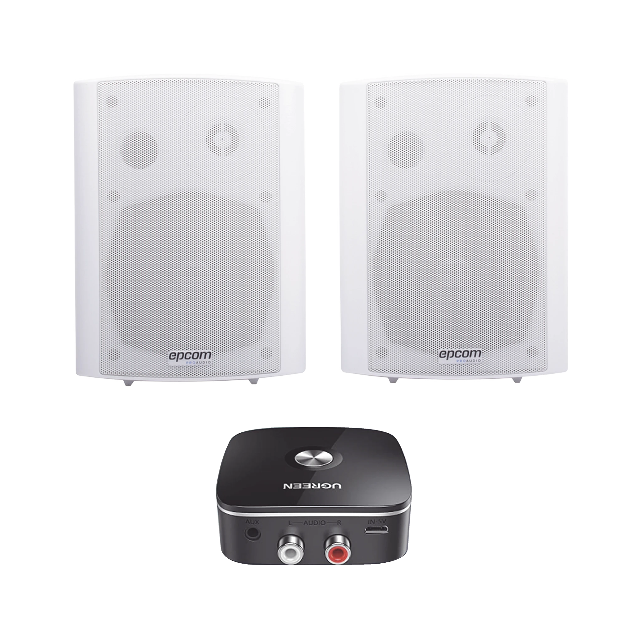KIT ALTAVOCES + MODULO RECEPTOR BT | MONTAJE EN PARED | 2X20W RMS | MATERIAL ABS Y REJA METÁLICA | BRACKET DE METAL | COLOR BLANCO-Audio residencial/Comercial-EPCOM PROAUDIO-Bsai Seguridad & Controles