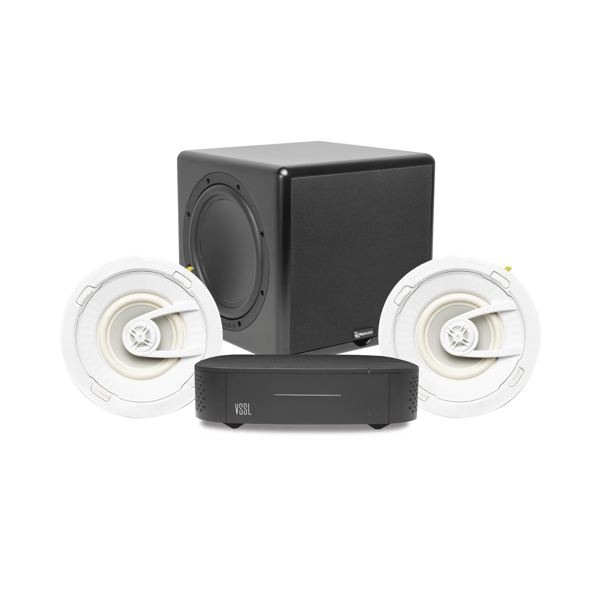 KIT AMPLIFICADOR VSSL A1X | 2 BOCINAS DE TECHO TRUAUDIO G72 | SUBWOOFER CSUB12-Audio, Video y Voceo-VSSL-Bsai Seguridad & Controles